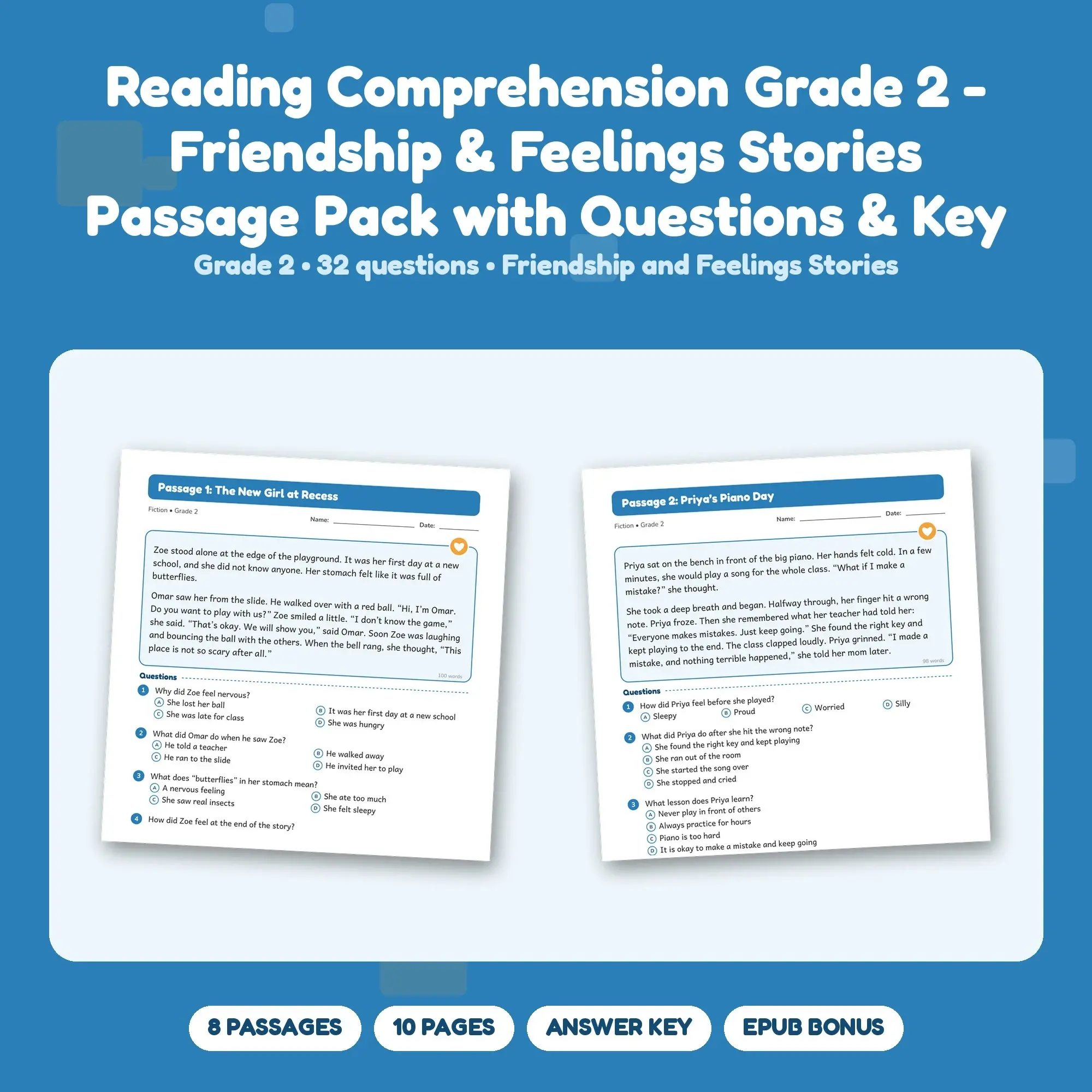 Reading Comprehension Grade 2 - Friendship & Feelings Stories Passage Pack with Questions & Key preview