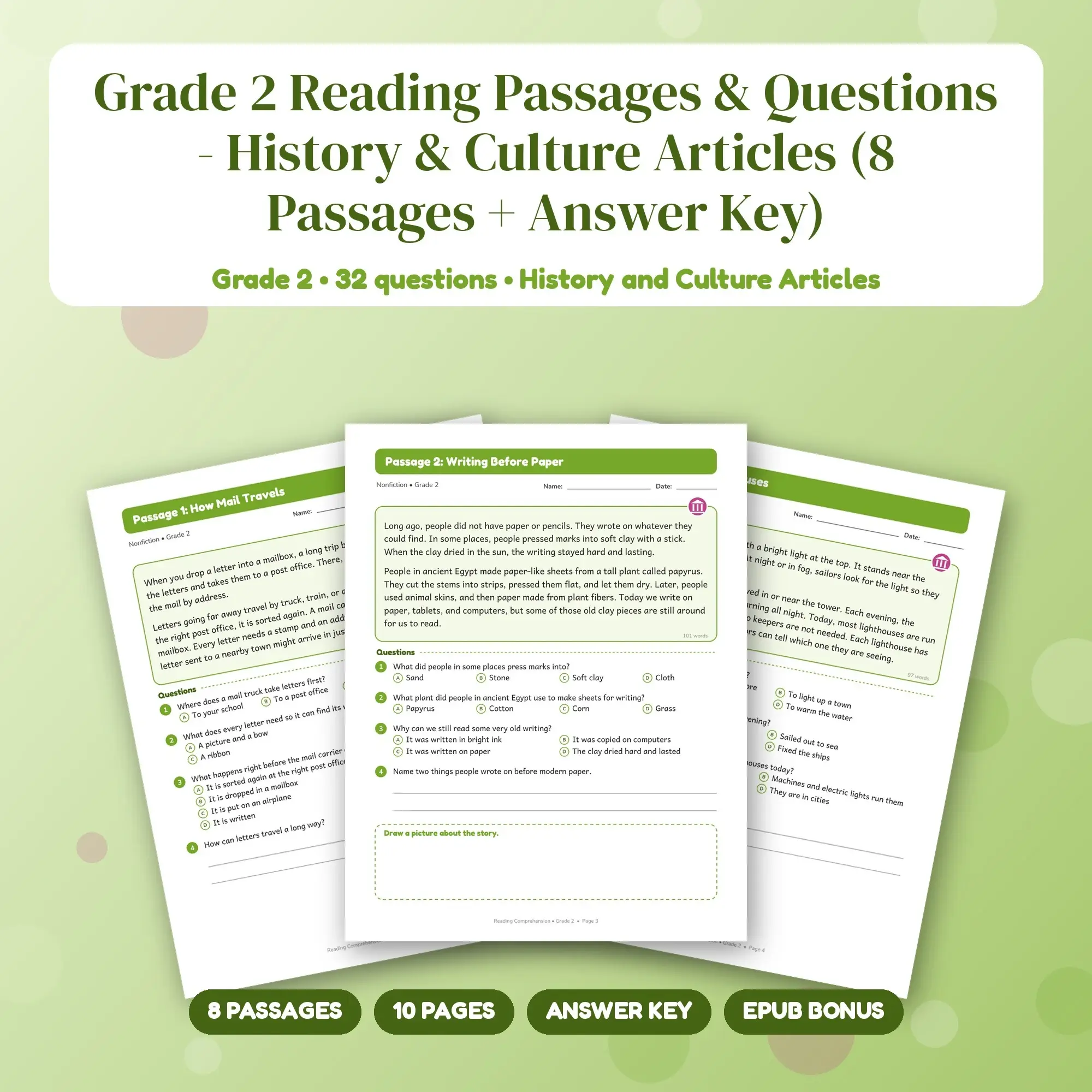 Grade 2 Reading Passages & Questions - History & Culture Articles (8 Passages + Answer Key) preview