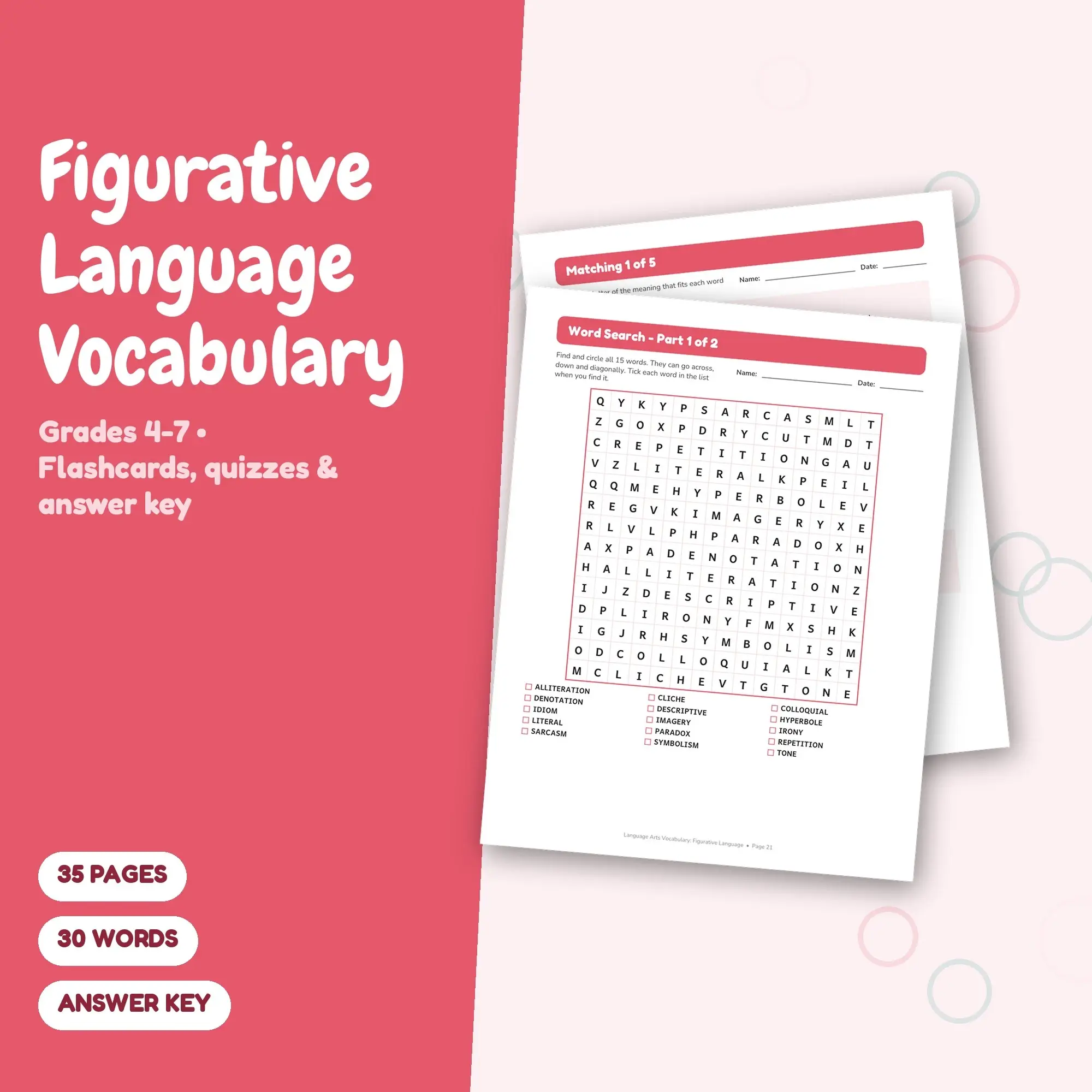 35-Page Figurative Language Vocabulary Pack: 30 Words, Matching, Quizzes (Grades 4-7) preview