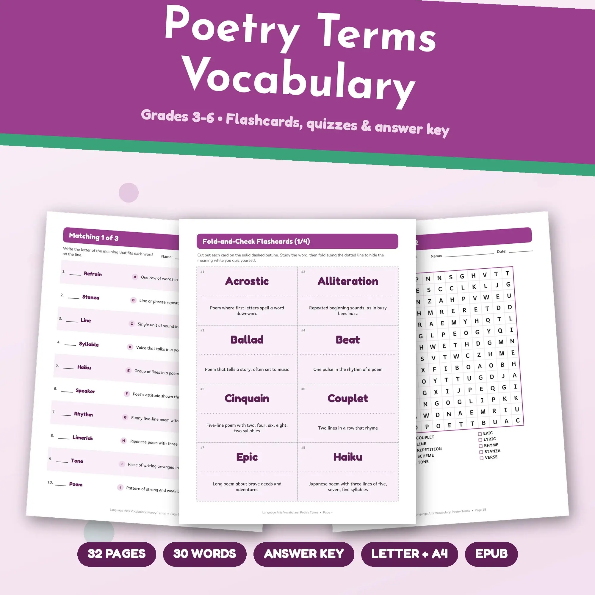 30 Poetry Terms Vocabulary Words - Printable Study Set, Grades 3-6, Answer Key preview