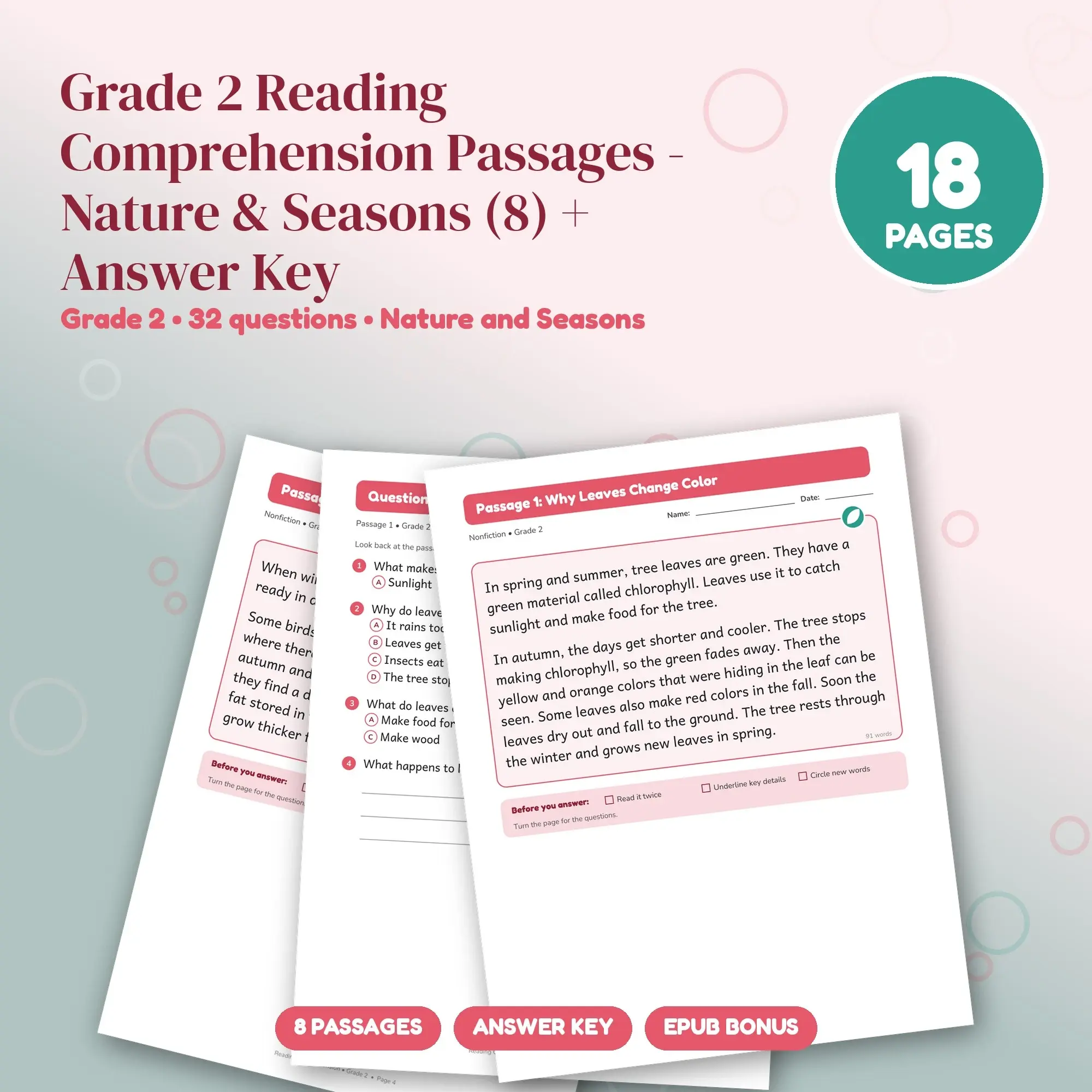 Grade 2 Reading Comprehension Passages - Nature & Seasons (8) + Answer Key, preview 1 of 2