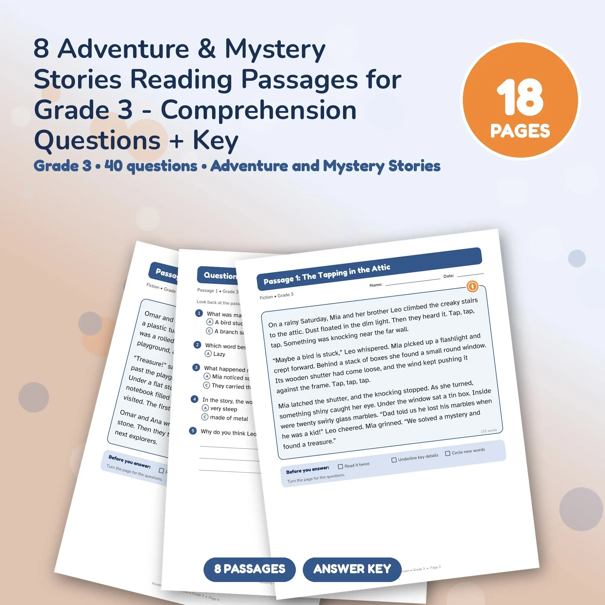 8 Adventure & Mystery Stories Reading Passages for Grade 3 - Comprehension Questions + Key preview