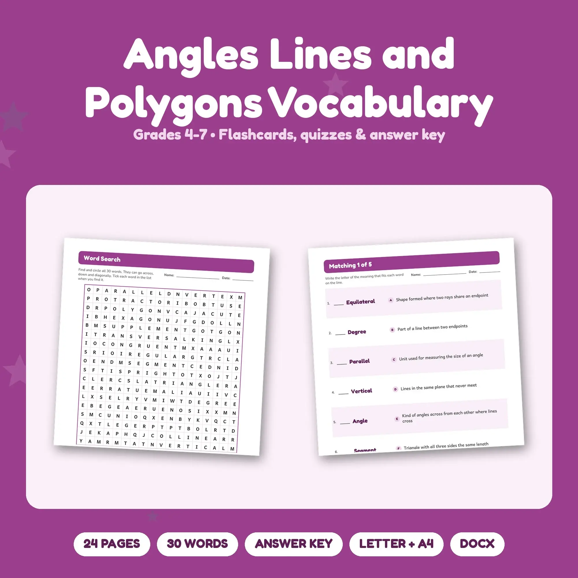30 Angles Lines and Polygons Vocabulary Words - Printable Study Set, Grades 4-7, Answer Key preview