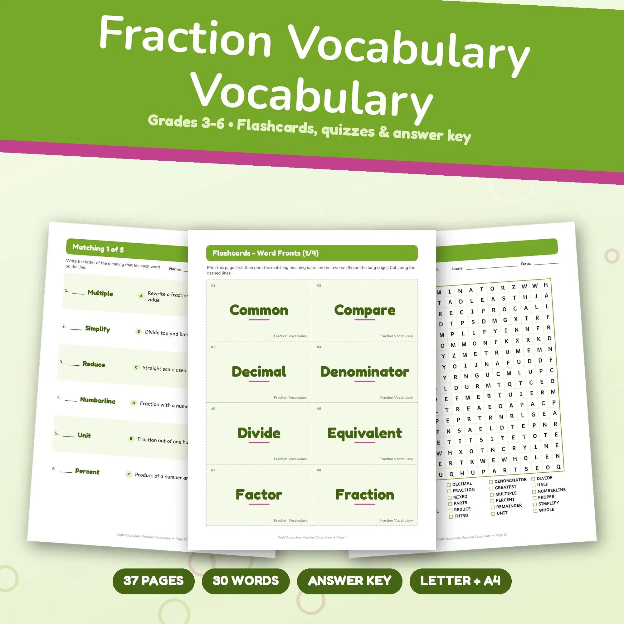 37-Page Fraction Vocabulary Vocabulary Pack: 30 Words, Matching, Quizzes (Grades 3-6) preview