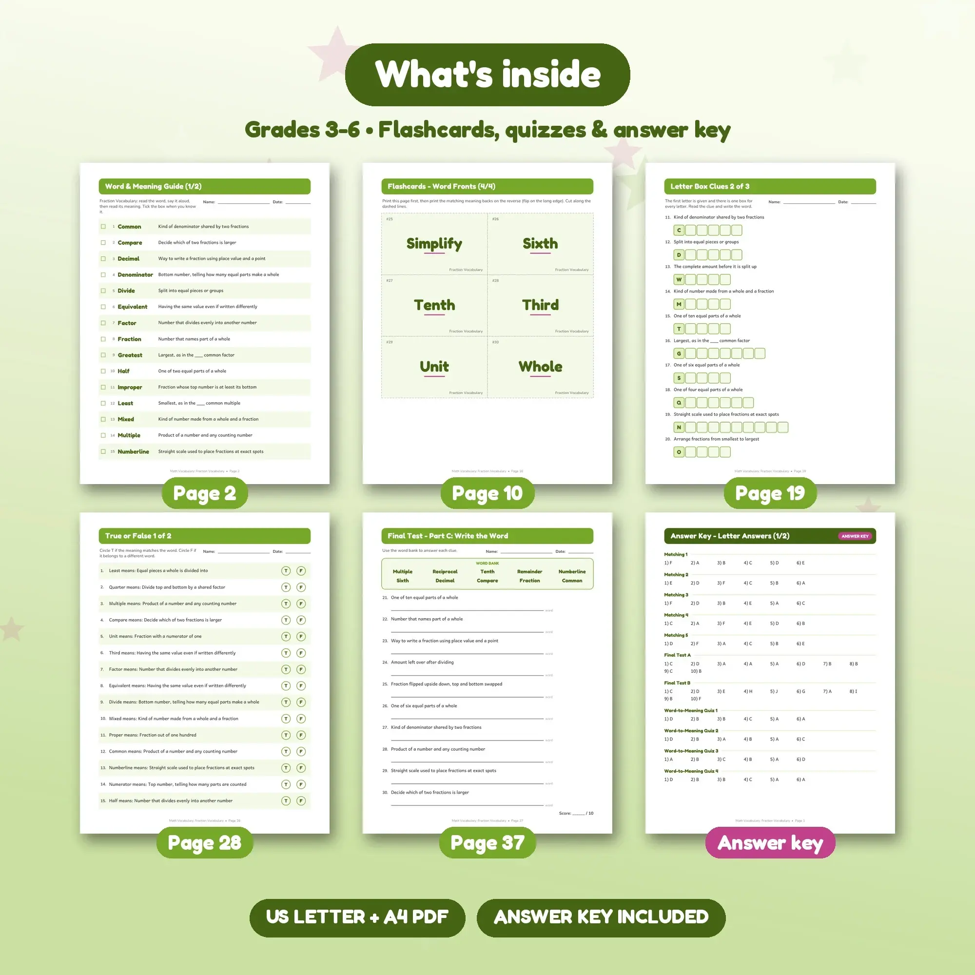 37-Page Fraction Vocabulary Vocabulary Pack: 30 Words, Matching, Quizzes (Grades 3-6), preview 2 of 2