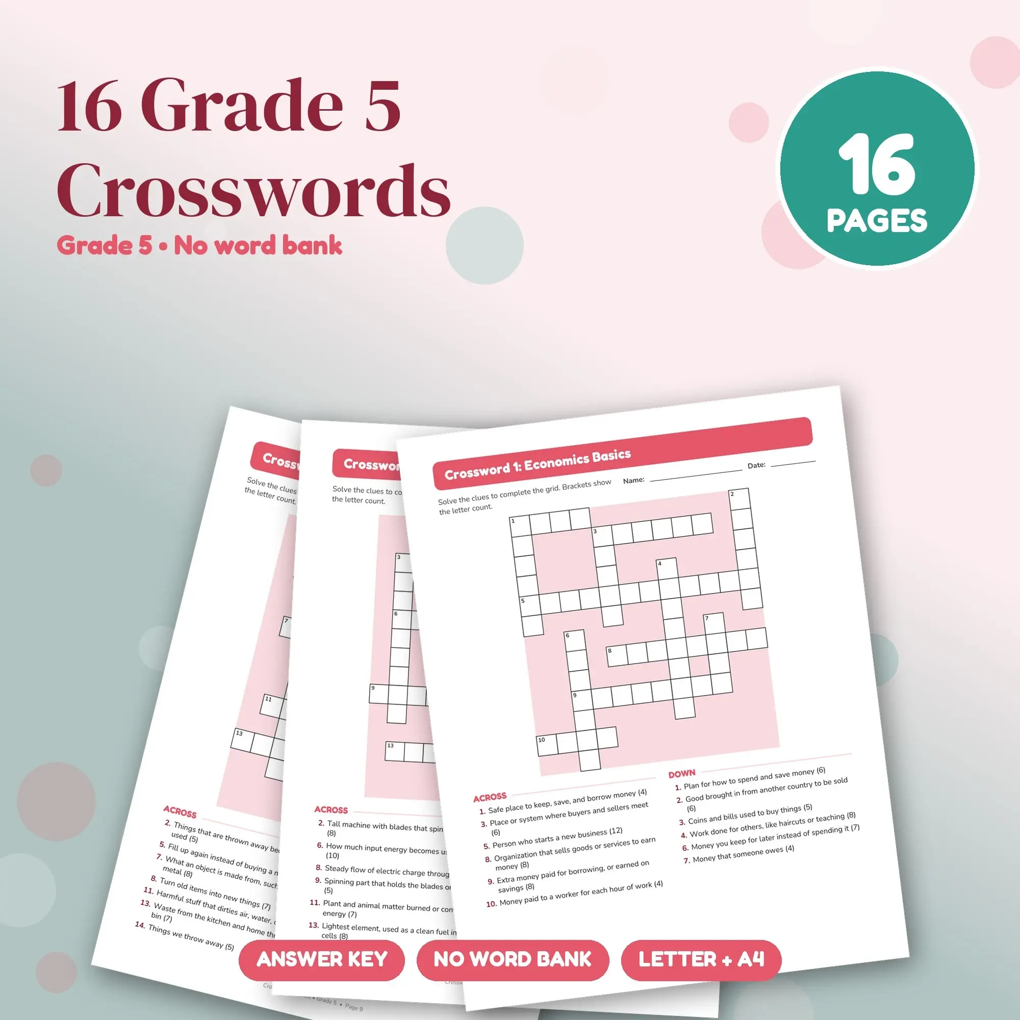 16 Crossword Puzzles for Grade 5 - Printable Puzzle Pack + Answer Key preview