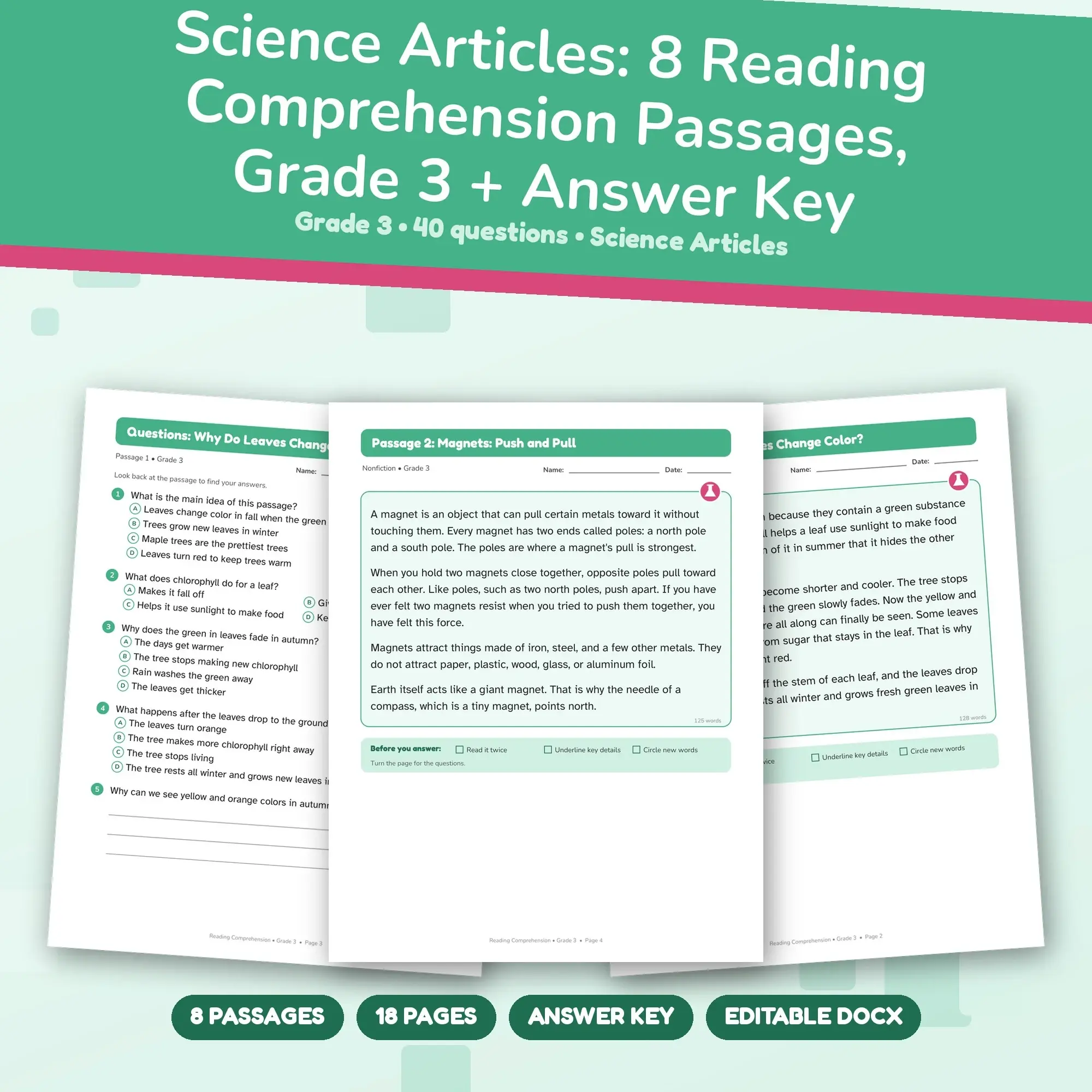 Science Articles: 8 Reading Comprehension Passages, Grade 3 + Answer Key preview