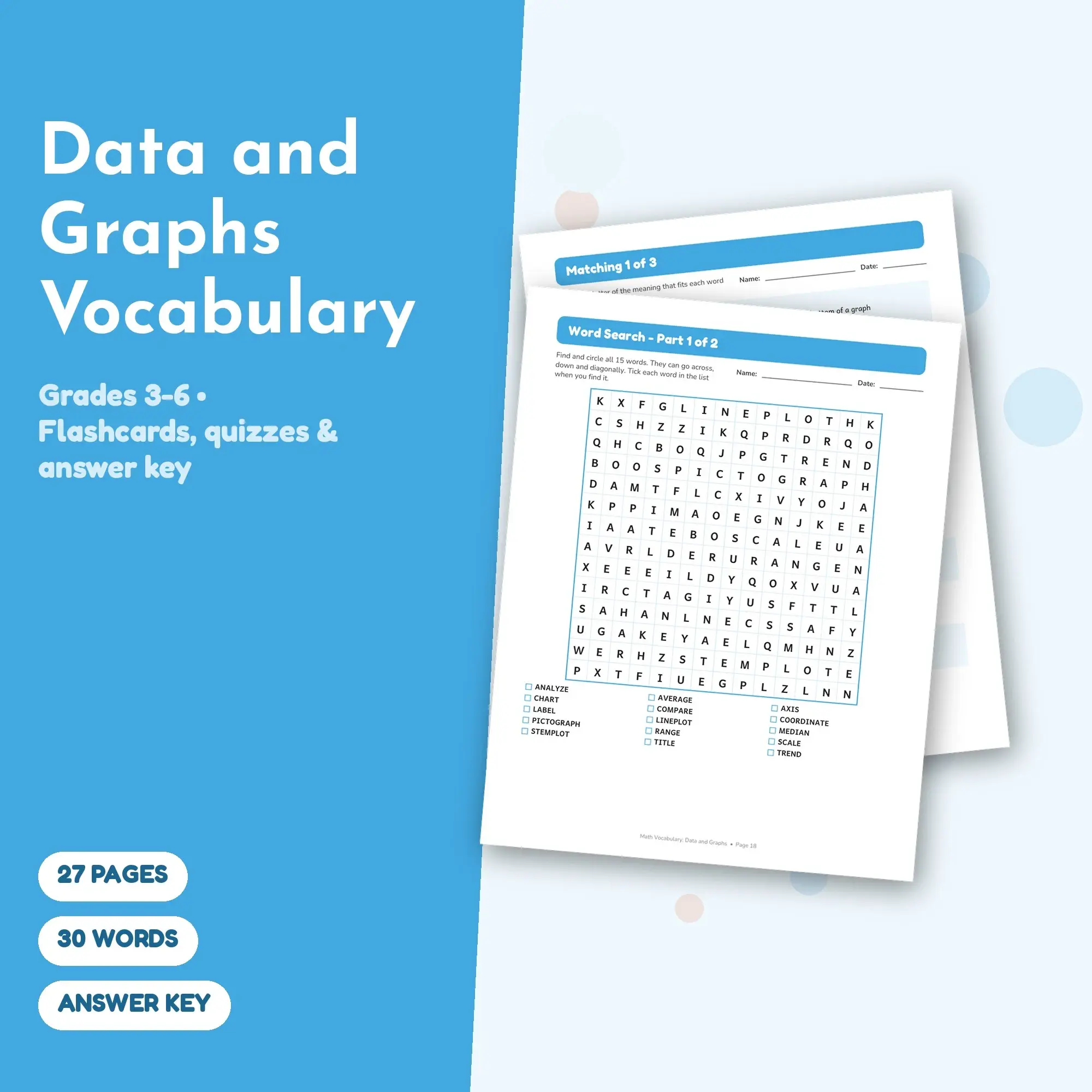30 Data and Graphs Vocabulary Words - Printable Study Set, Grades 3-6, Answer Key preview