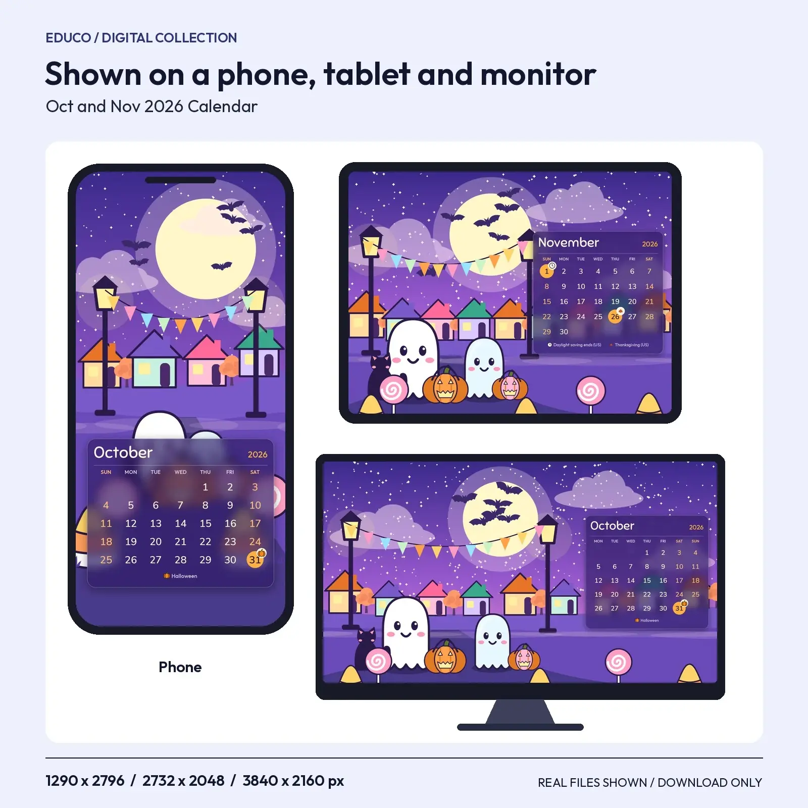 Ghost Trick-or-Treat Street 2026 Calendar Wallpapers - October and November, 3 Device Sizes, preview 3 of 4