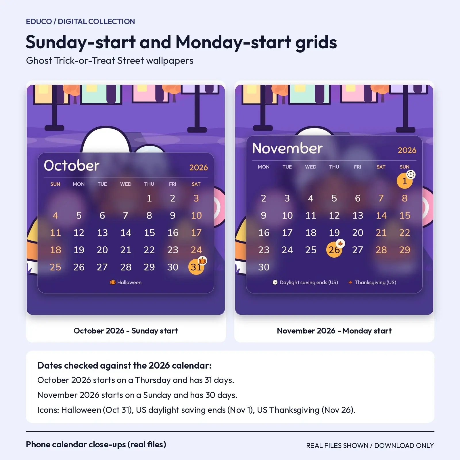 Ghost Trick-or-Treat Street 2026 Calendar Wallpapers - October and November, 3 Device Sizes, preview 2 of 4