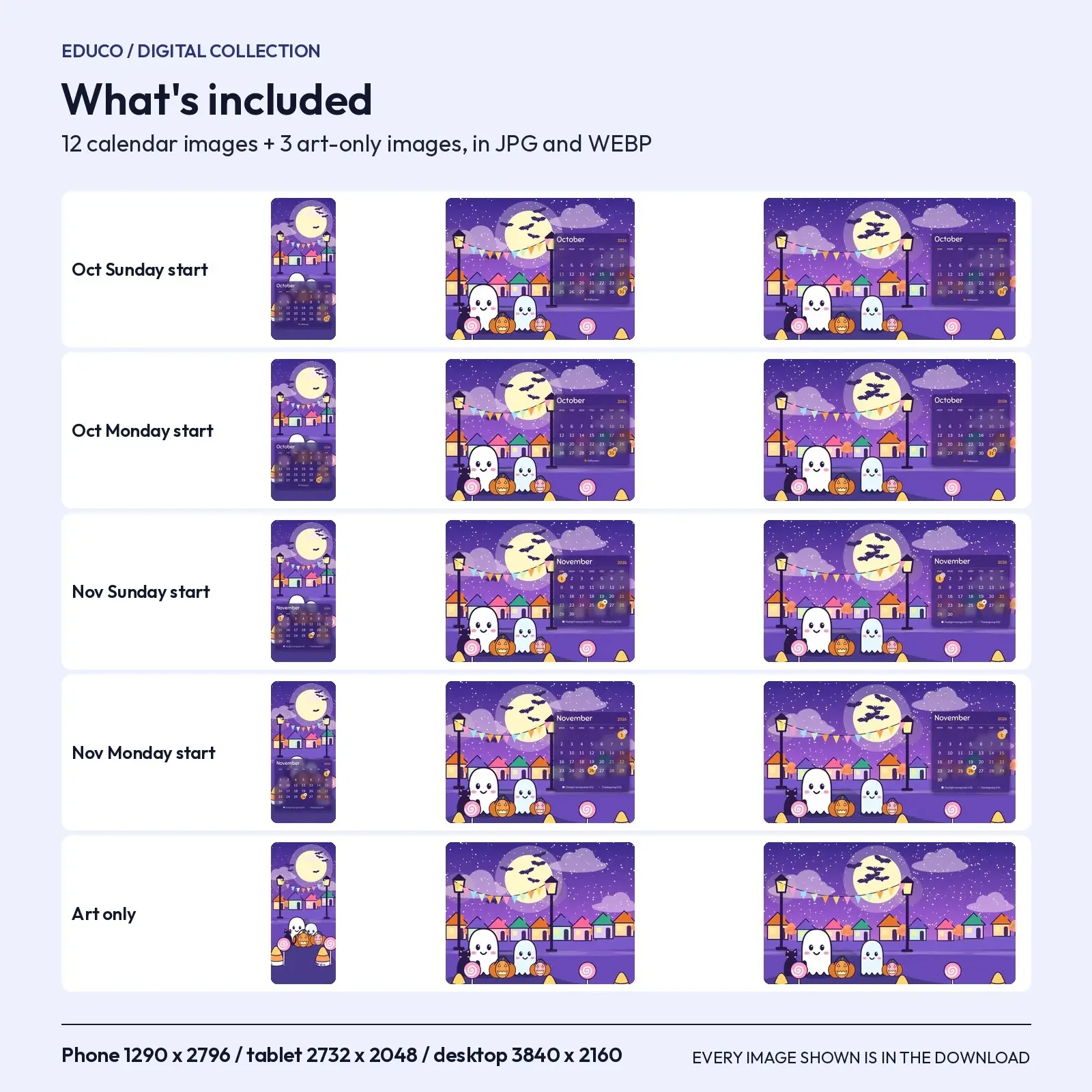 Ghost Trick-or-Treat Street 2026 Calendar Wallpapers - October and November, 3 Device Sizes, preview 4 of 4