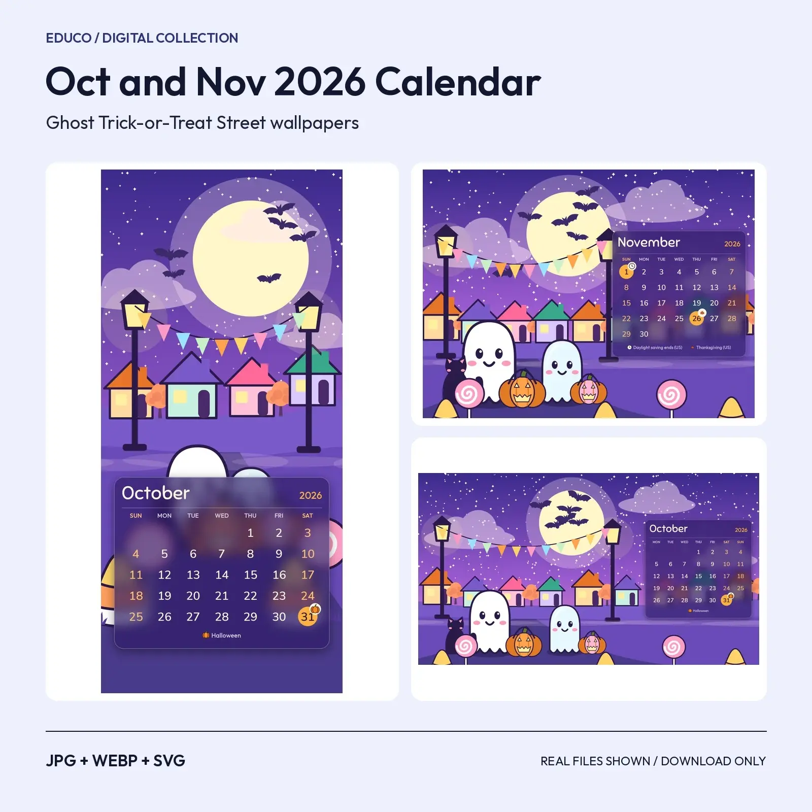 Ghost Trick-or-Treat Street 2026 Calendar Wallpapers - October and November, 3 Device Sizes, preview 1 of 4