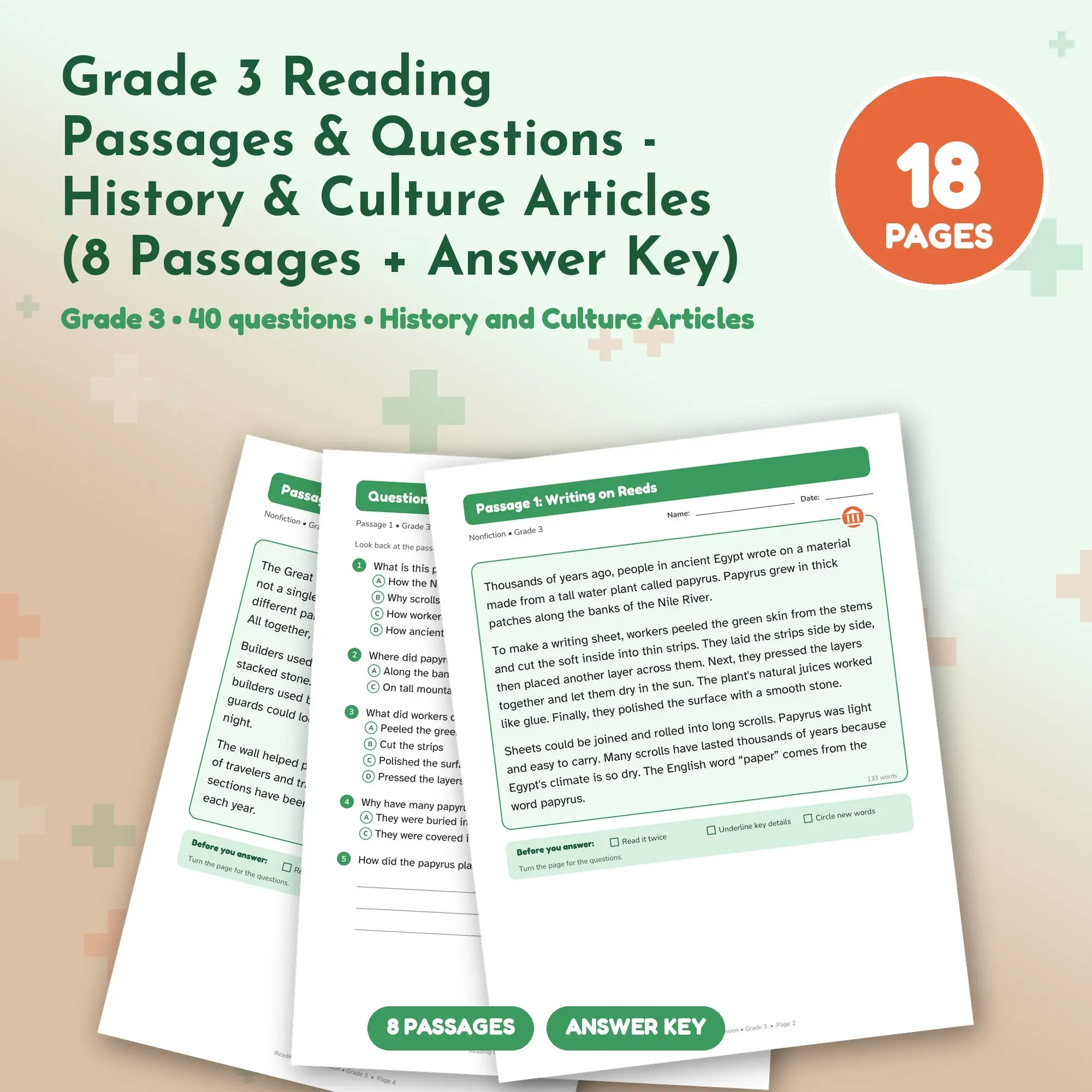Grade 3 Reading Passages & Questions - History & Culture Articles (8 Passages + Answer Key) preview