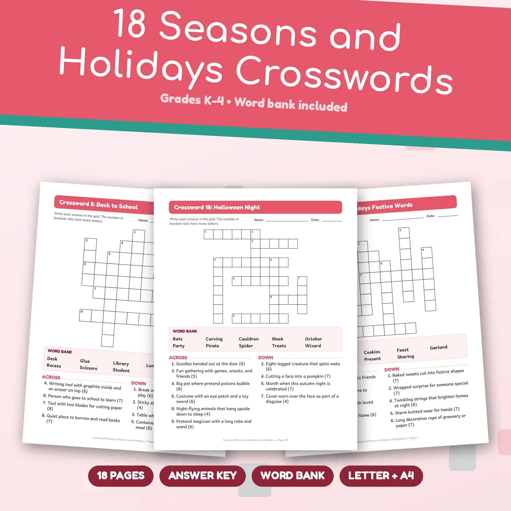 Seasons and Holidays Crossword Puzzle Book: 18 Printable Puzzles + Answer Key preview