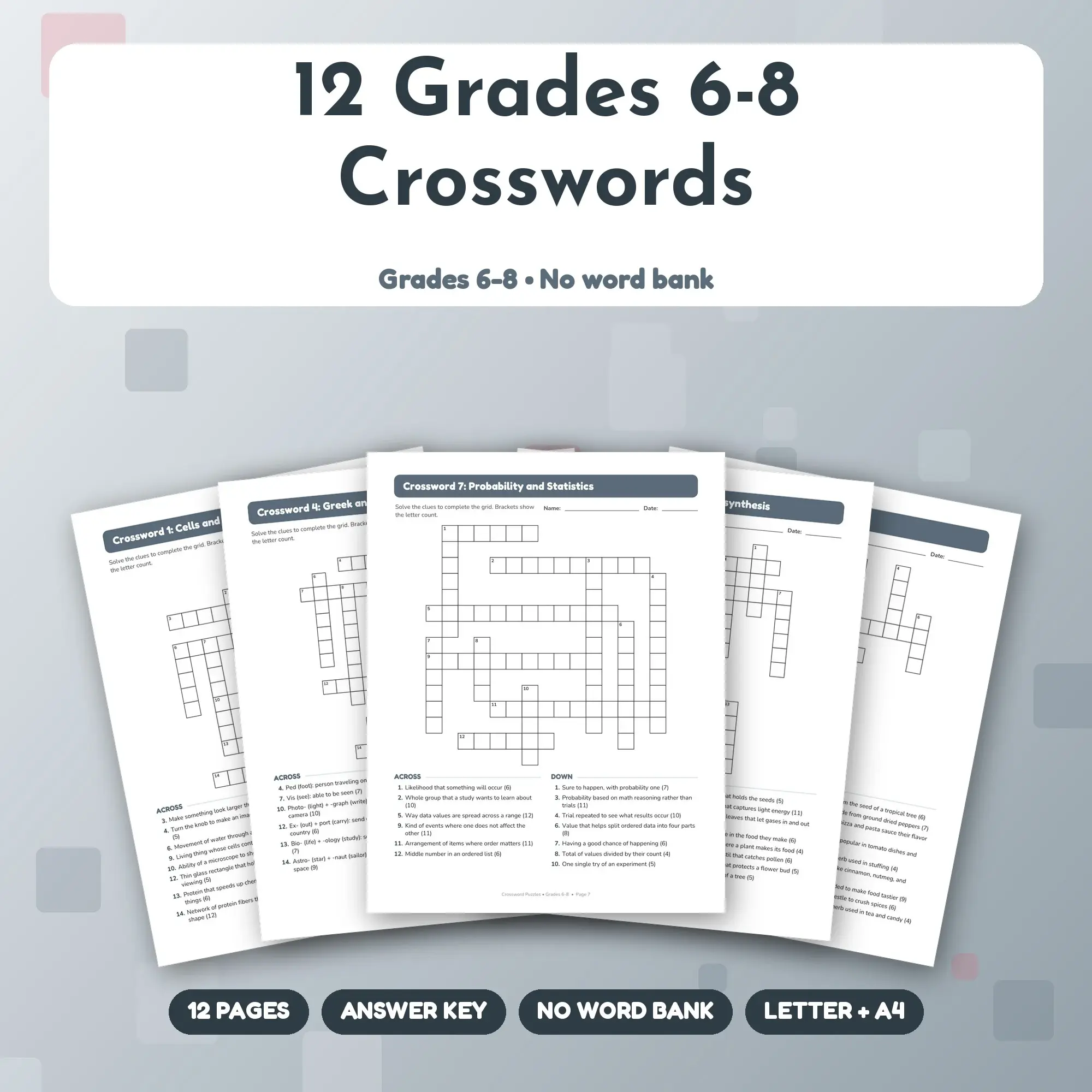 Grades 6-8 (Middle School) Crossword Puzzle Book: 12 Printable Puzzles + Answer Key preview