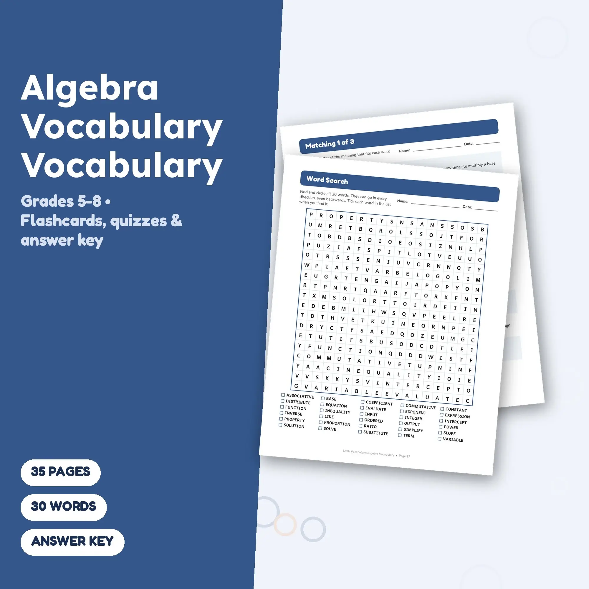 Algebra Vocabulary Word List, Flashcards & Vocabulary Quizzes (Grades 5-8) - 35 Pages preview