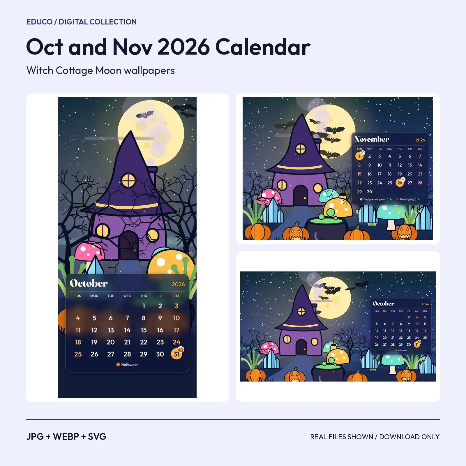 Witch Cottage Moon October and November 2026 Calendar Wallpapers for Phone, Tablet, Desktop preview