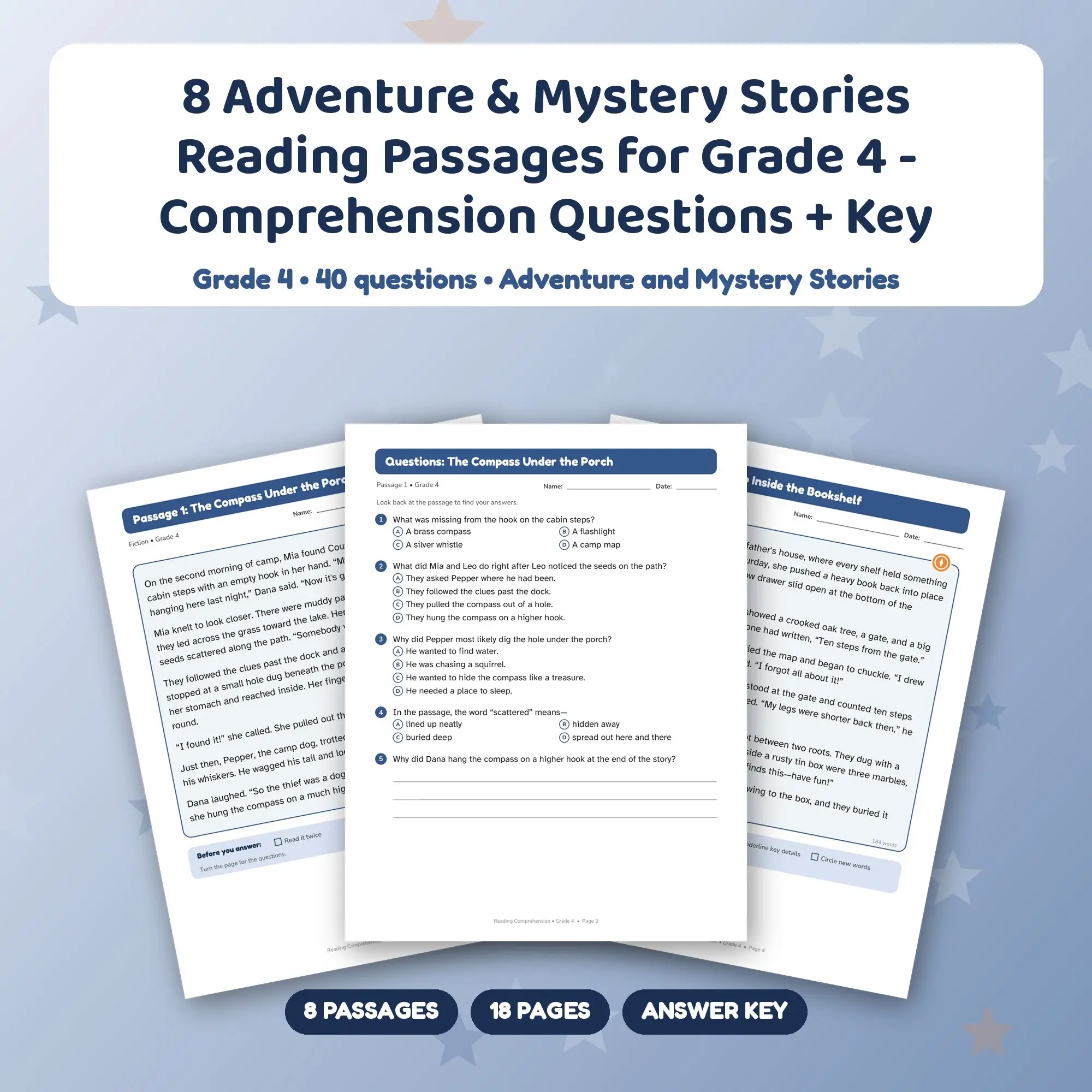 8 Adventure & Mystery Stories Reading Passages for Grade 4 - Comprehension Questions + Key preview