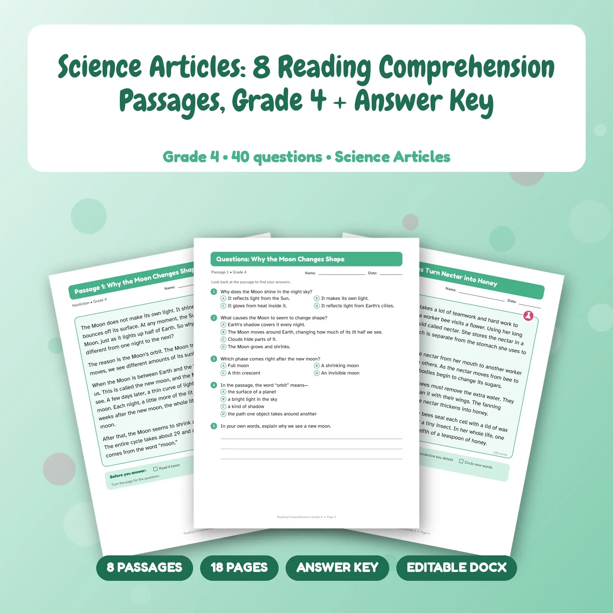 Science Articles: 8 Reading Comprehension Passages, Grade 4 + Answer Key preview