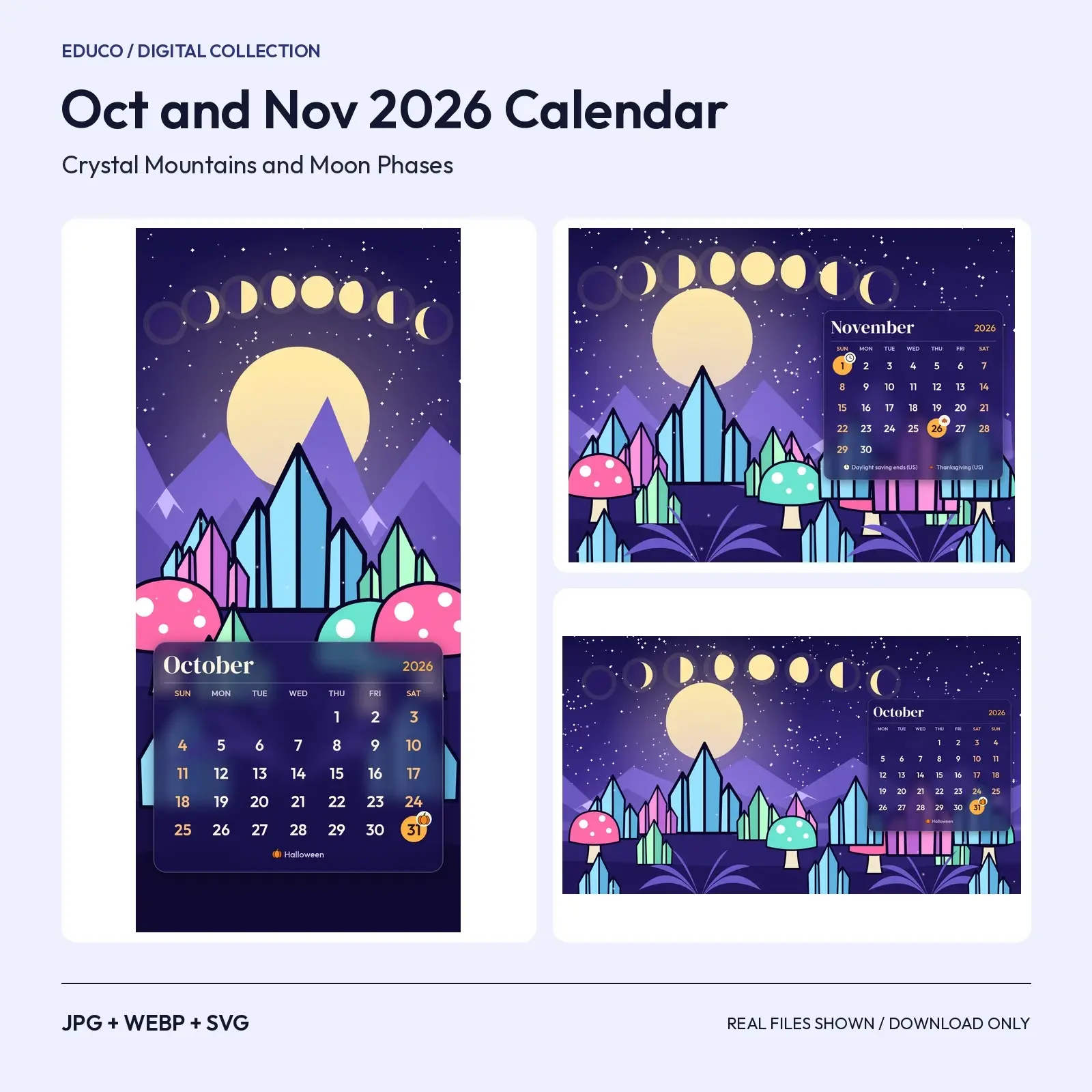 Crystal Mountains and Moon Phases - October and November 2026 Calendar Wallpapers, 15 Images preview
