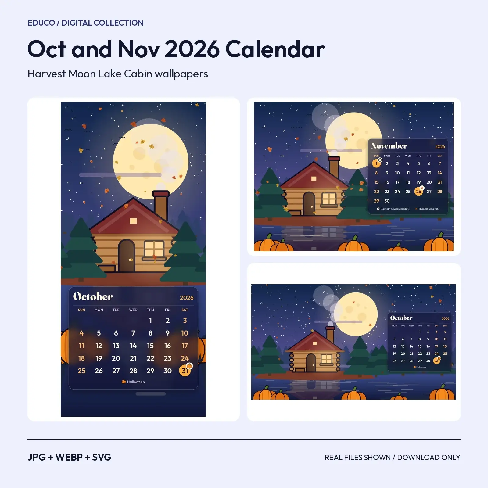 Harvest Moon Lake Cabin October and November 2026 Calendar Wallpapers - Phone Tablet Desktop preview