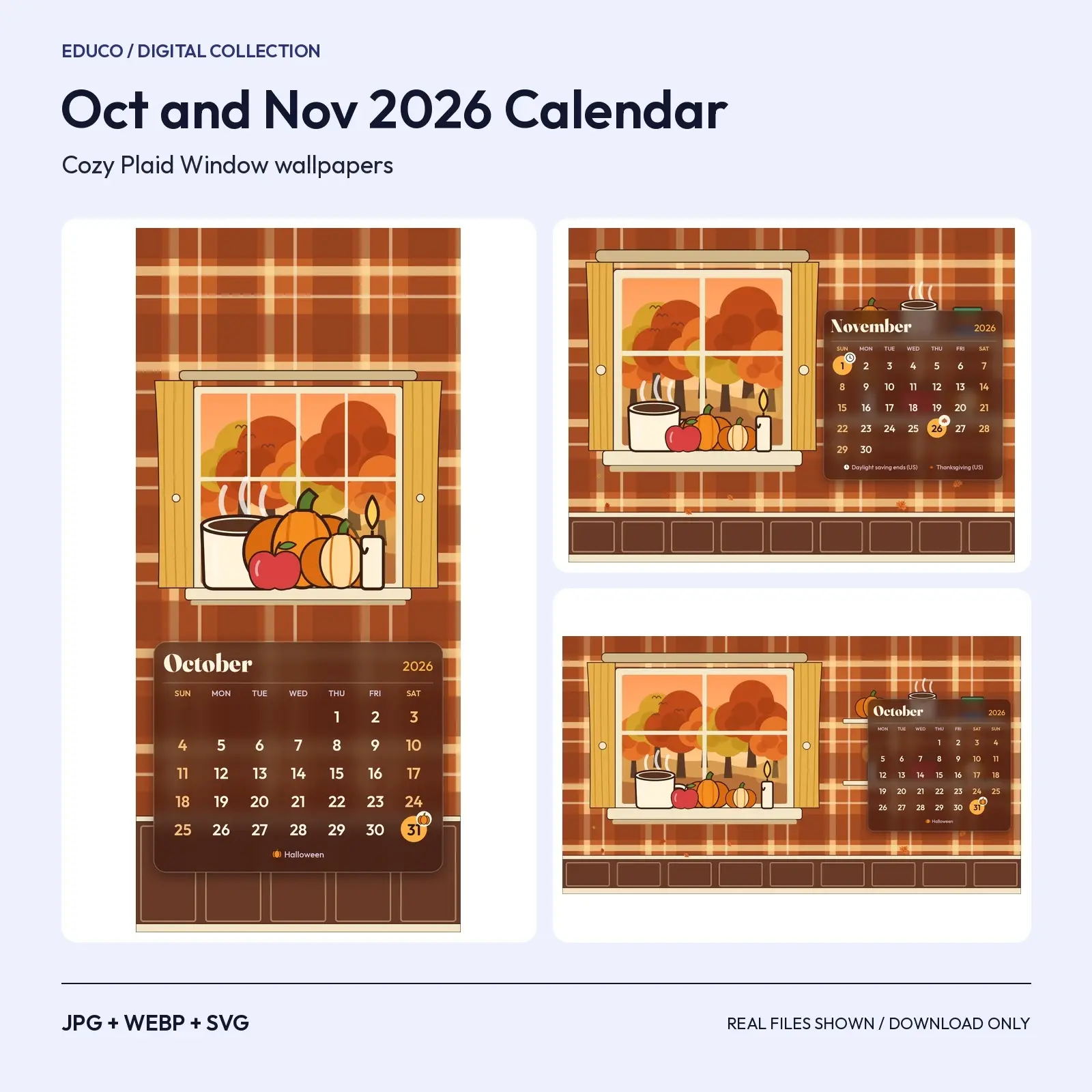 Cozy Plaid Window and Pumpkins - October and November 2026 Calendar Wallpapers, 3 Sizes preview