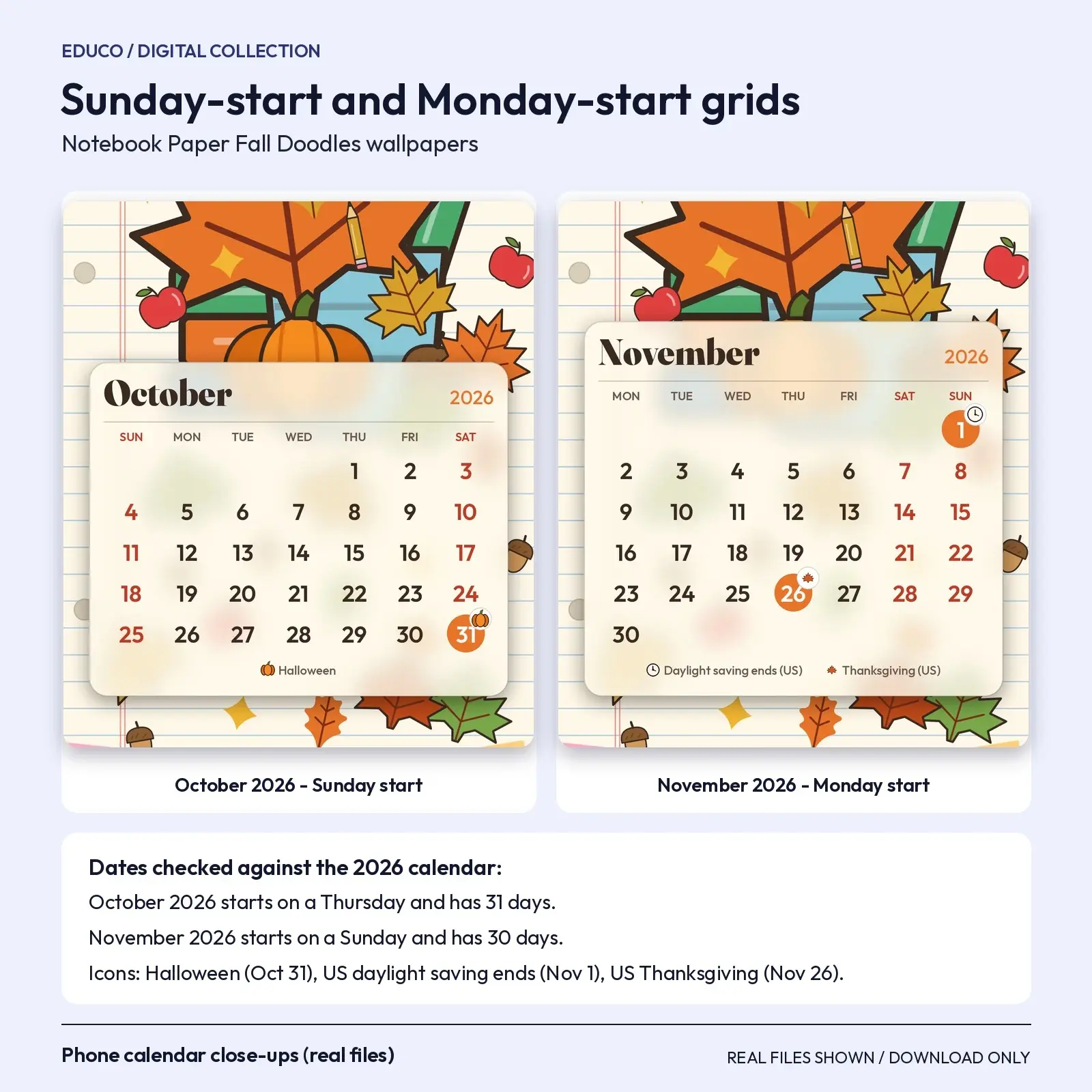 Notebook Paper Fall Doodles 2026 Calendar Wallpapers - October and November, Phone Tablet Desktop, preview 2 of 4