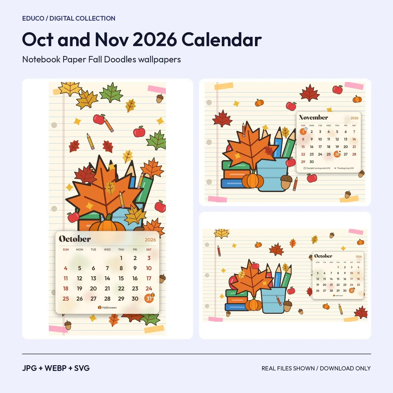 Notebook Paper Fall Doodles 2026 Calendar Wallpapers - October and November, Phone Tablet Desktop, preview 1 of 4