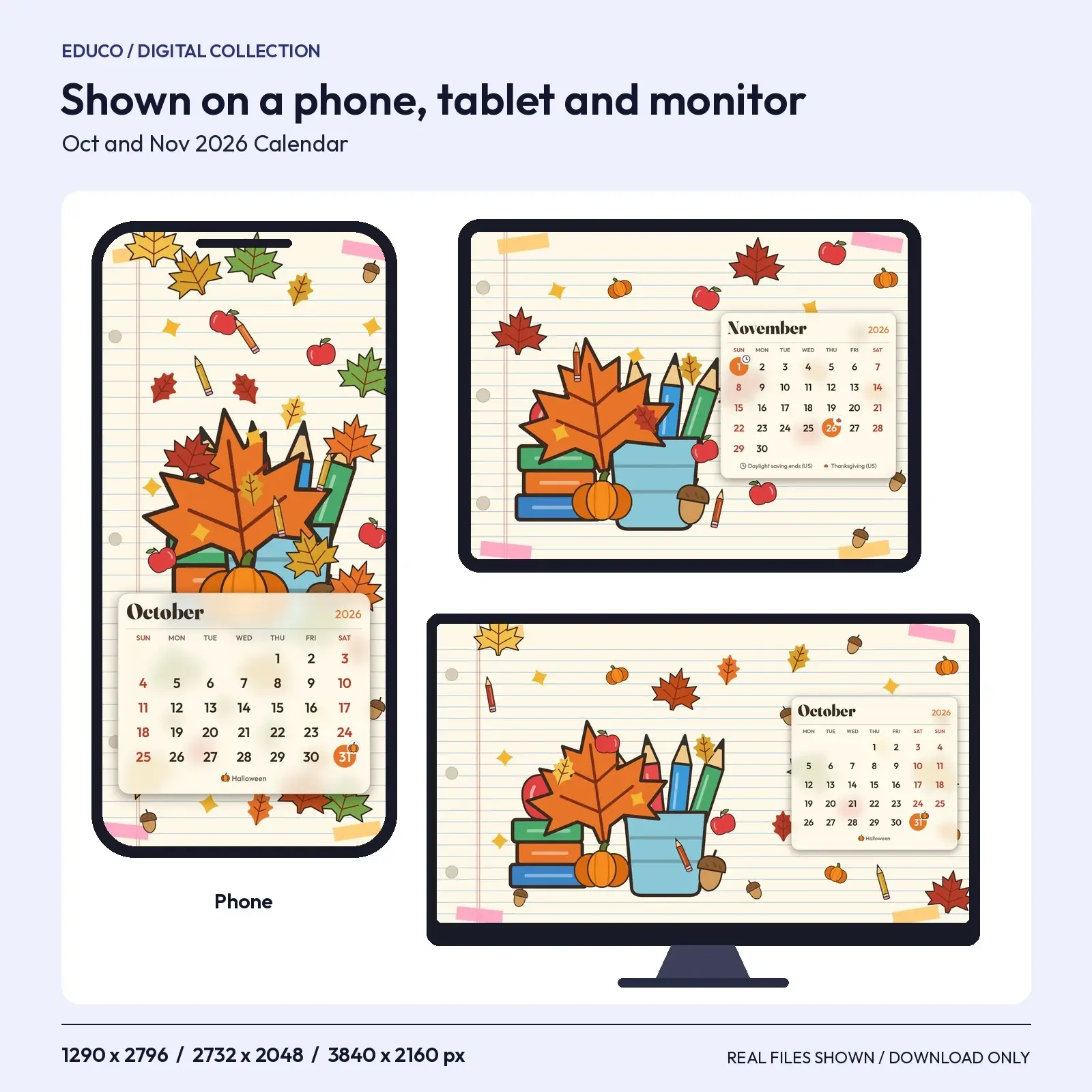 Notebook Paper Fall Doodles 2026 Calendar Wallpapers - October and November, Phone Tablet Desktop, preview 3 of 4