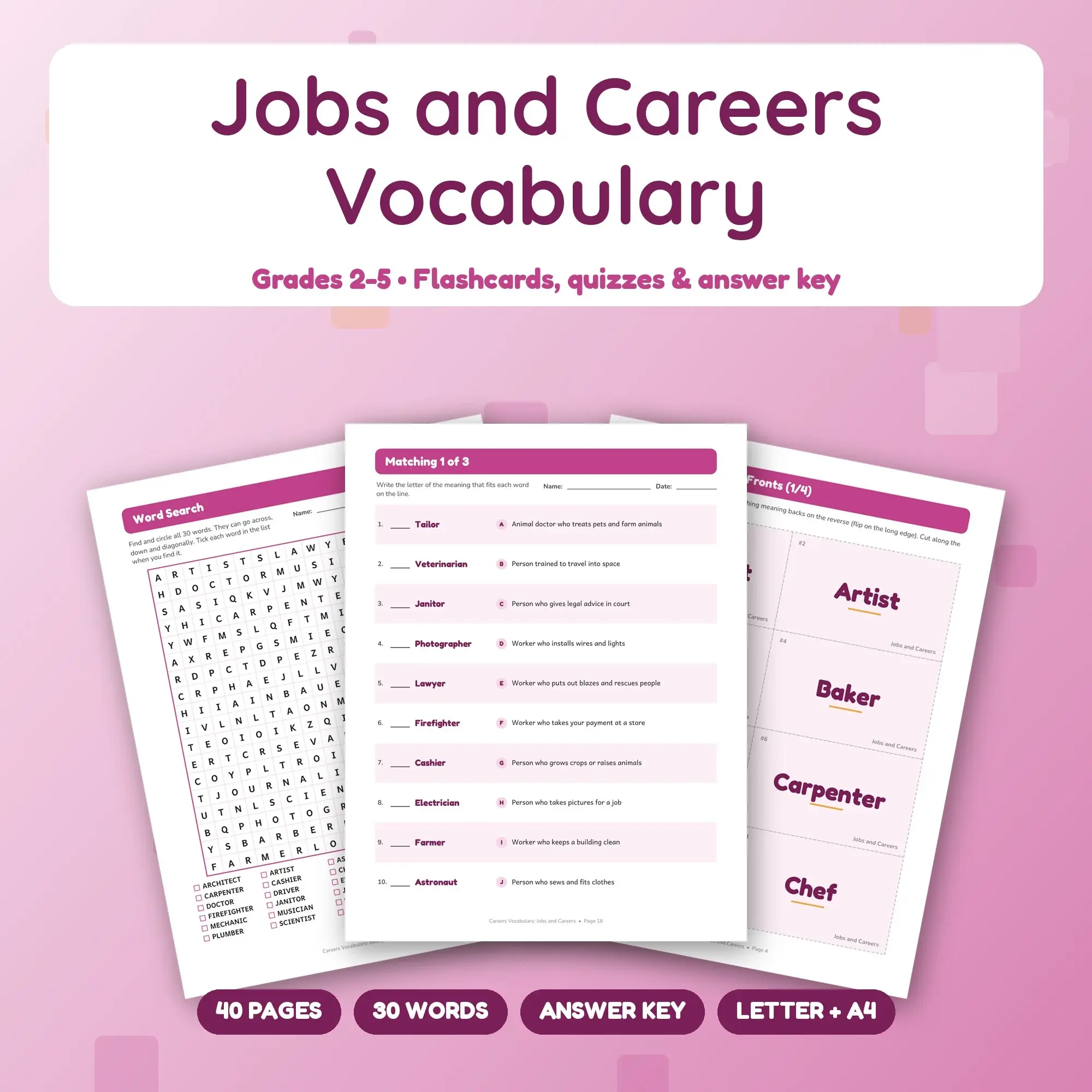 30 Jobs and Careers Vocabulary Words - Printable Study Set, Grades 2-5, Answer Key preview