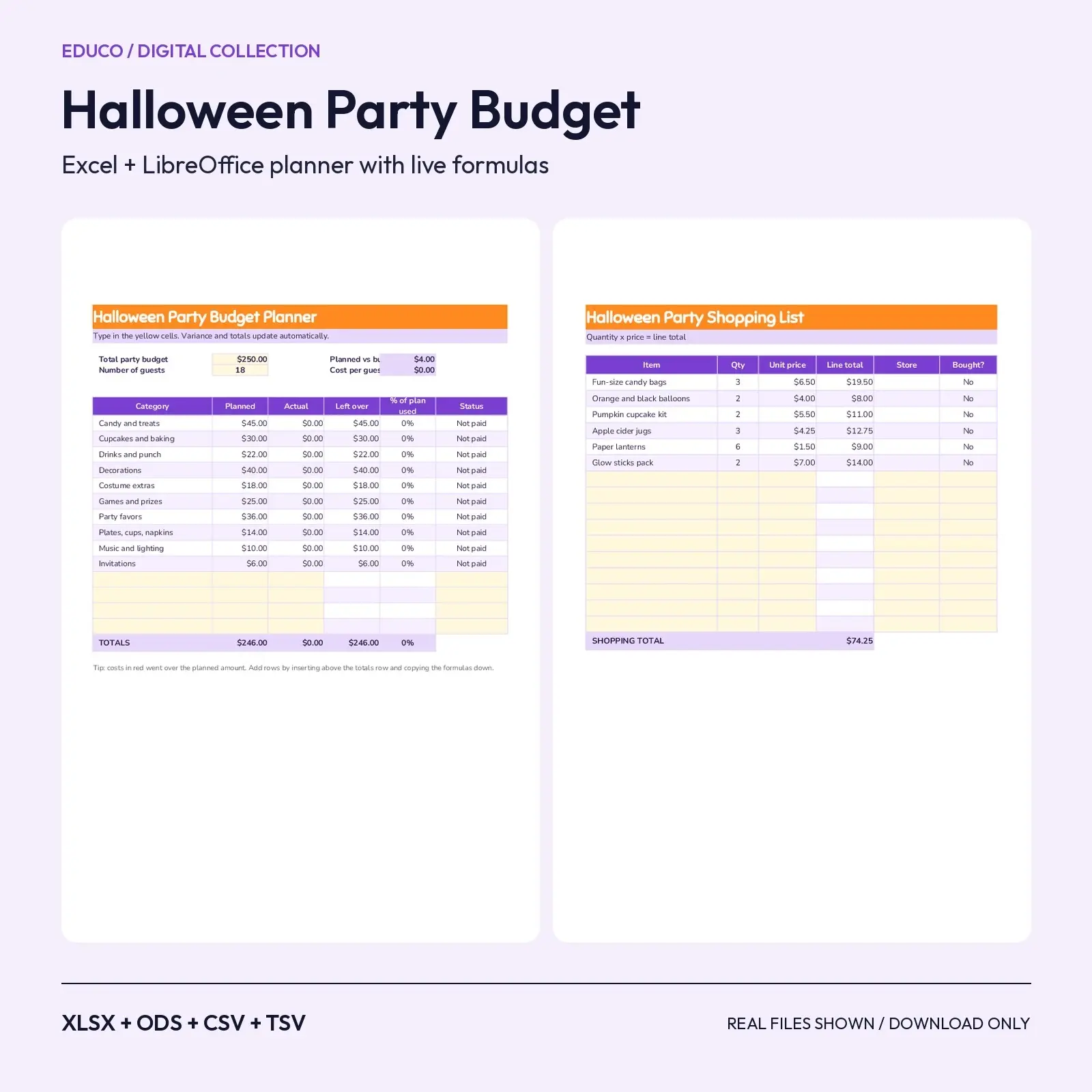 Halloween Party Budget Planner – Spreadsheet with Formulas for Excel, Sheets and LibreOffice preview
