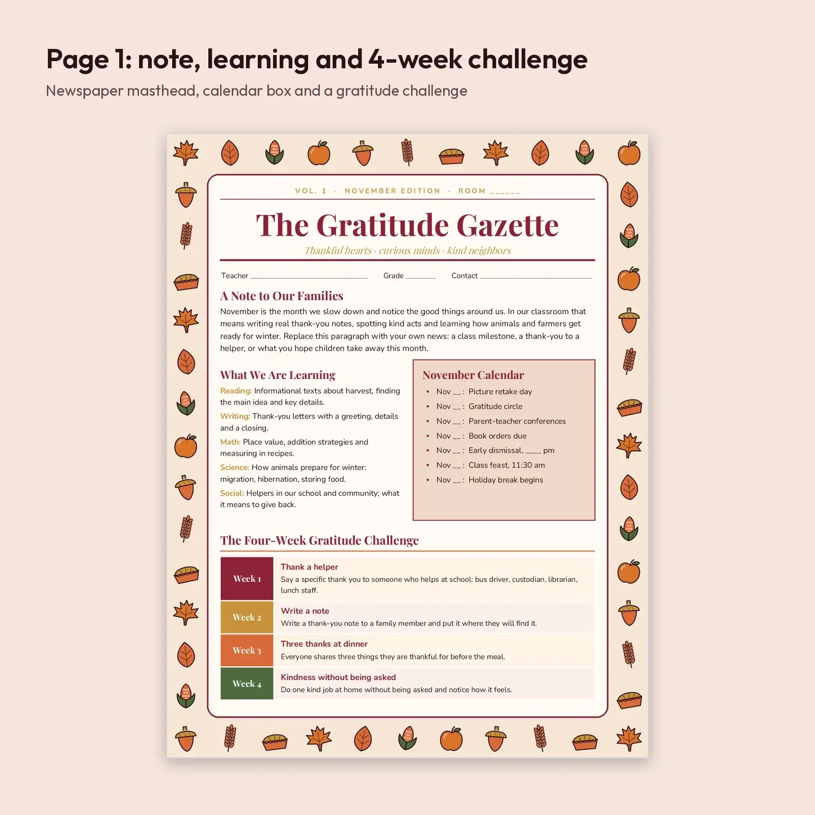 The Gratitude Gazette: November Class Newsletter Template, 2 Pages (DOCX, ODT and PDF), preview 2 of 4
