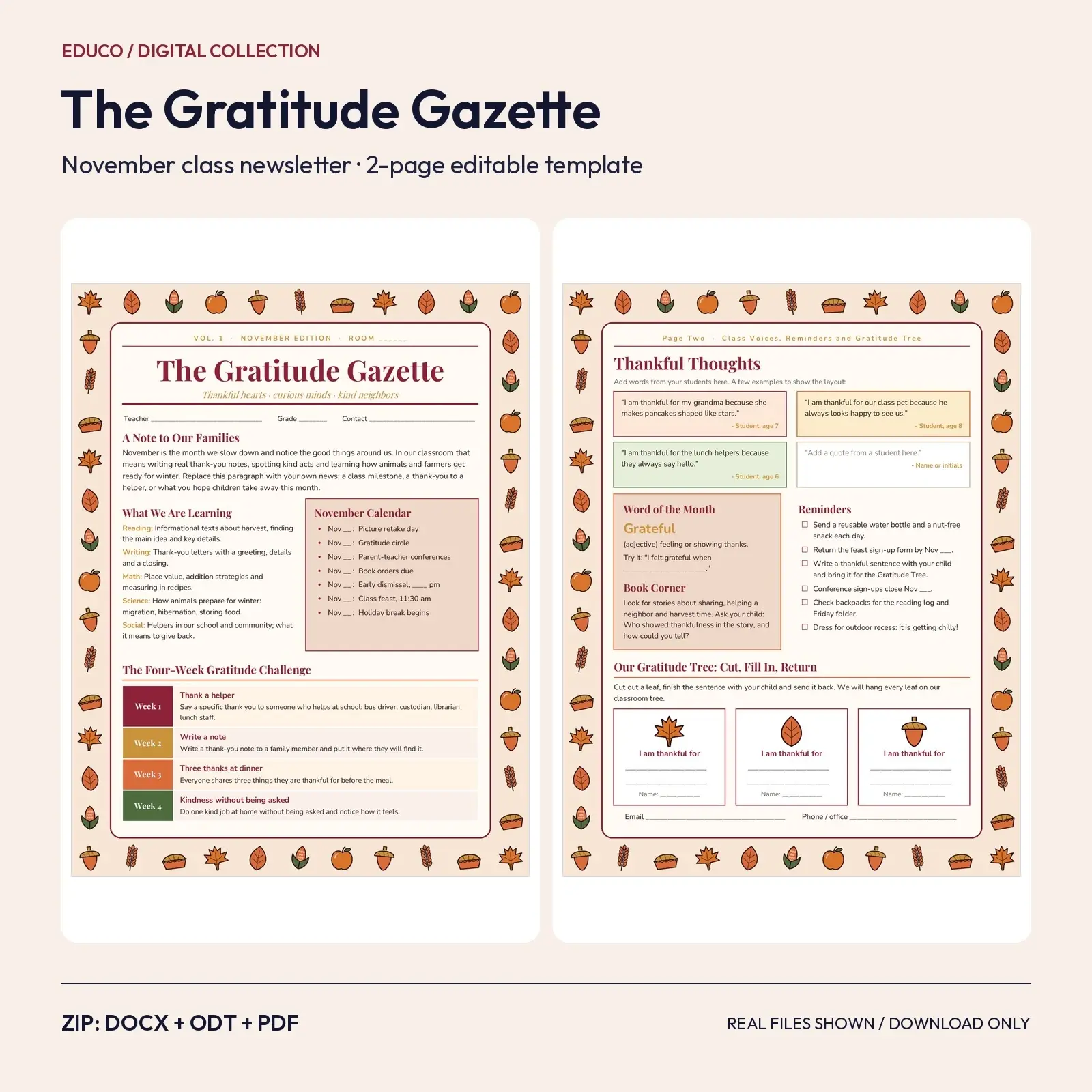 The Gratitude Gazette: November Class Newsletter Template, 2 Pages (DOCX, ODT and PDF) preview