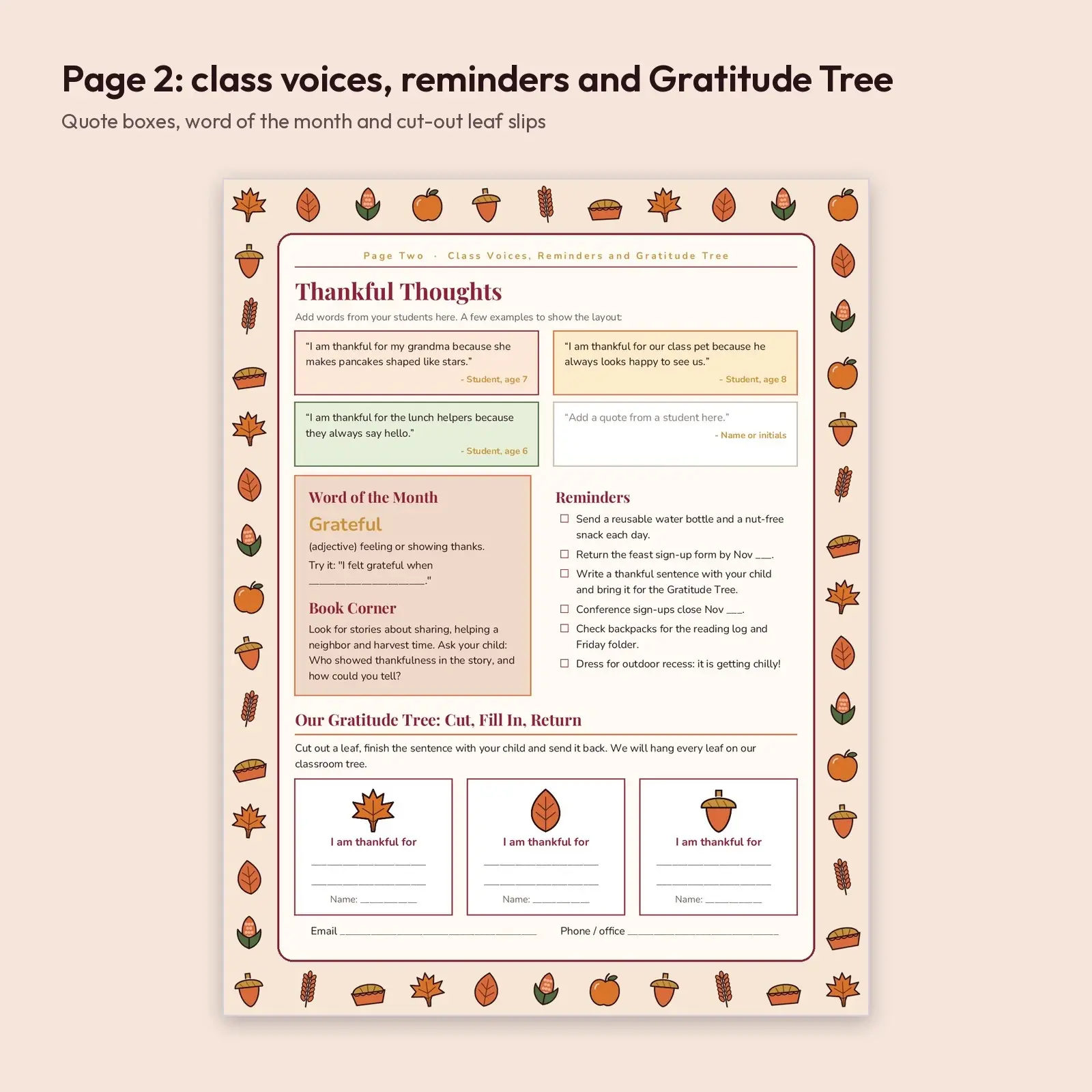 The Gratitude Gazette: November Class Newsletter Template, 2 Pages (DOCX, ODT and PDF), preview 3 of 4