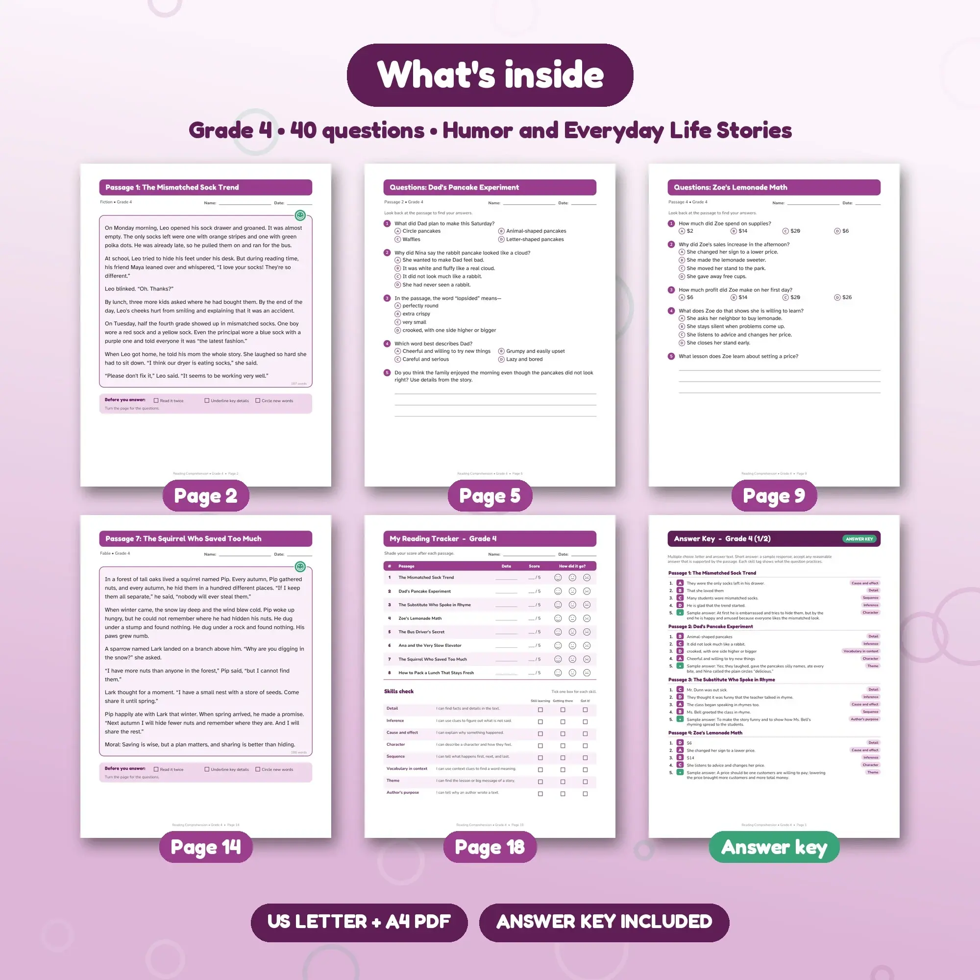 Reading Comprehension Grade 4 - Humor & Everyday Life Stories Passage Pack with Questions & Key, preview 2 of 2