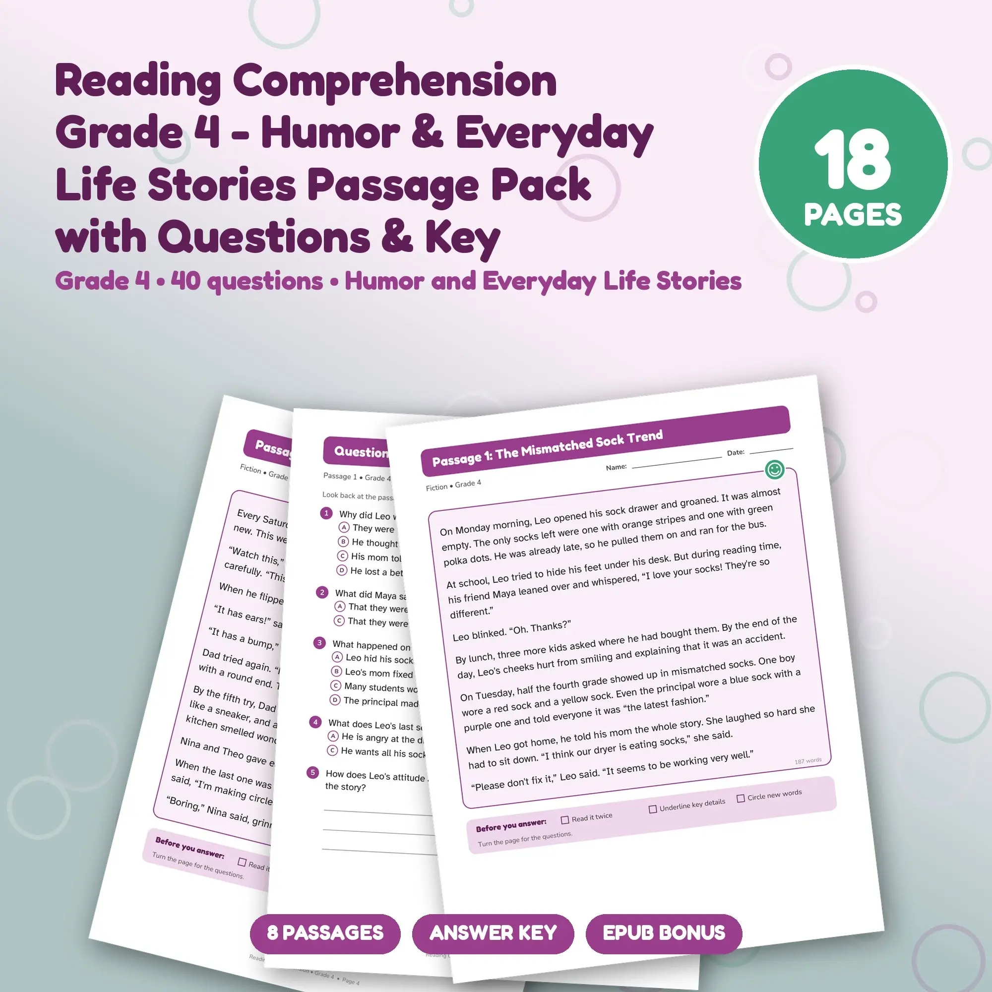 Reading Comprehension Grade 4 - Humor & Everyday Life Stories Passage Pack with Questions & Key preview