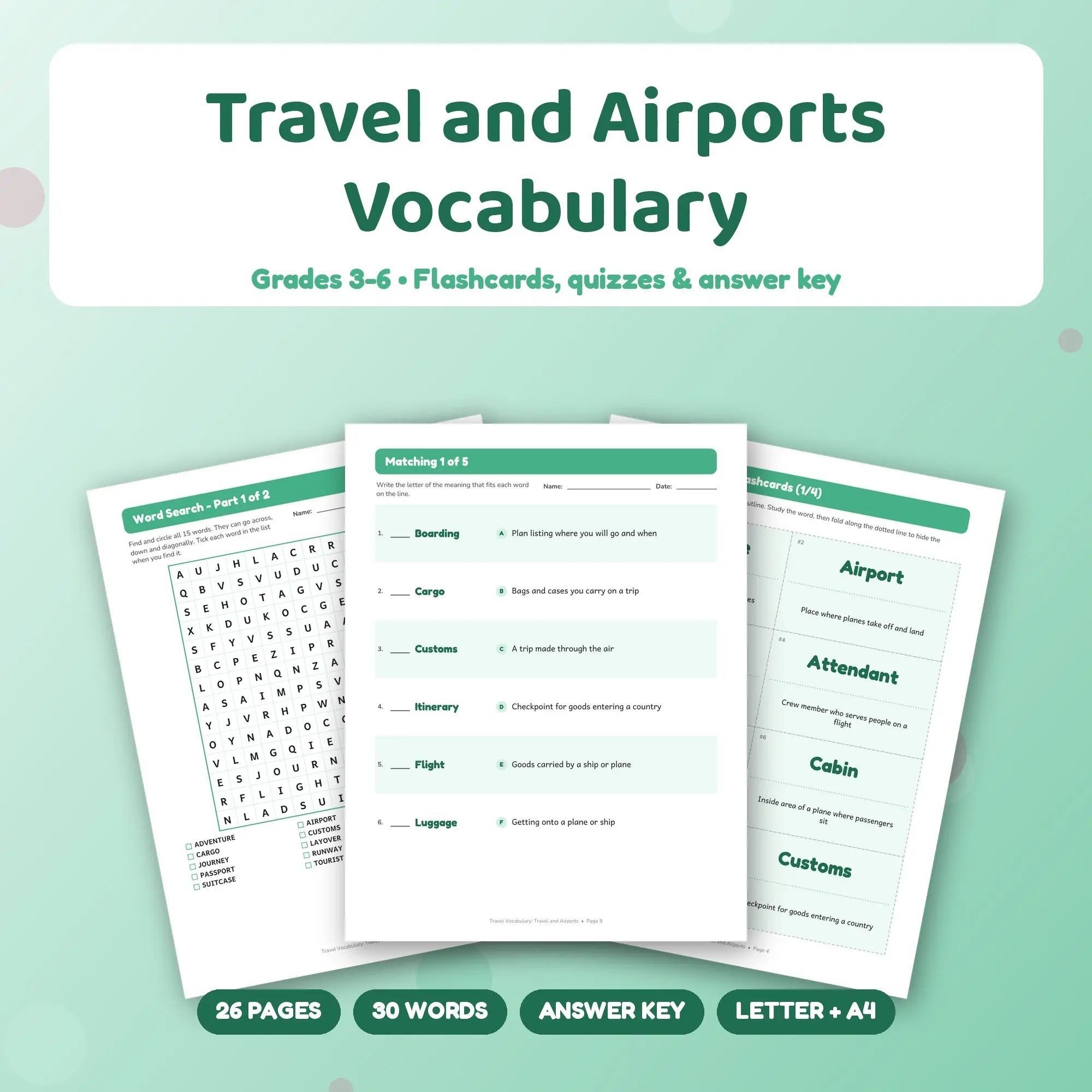 26-Page Travel and Airports Vocabulary Pack: 30 Words, Matching, Quizzes (Grades 3-6) preview