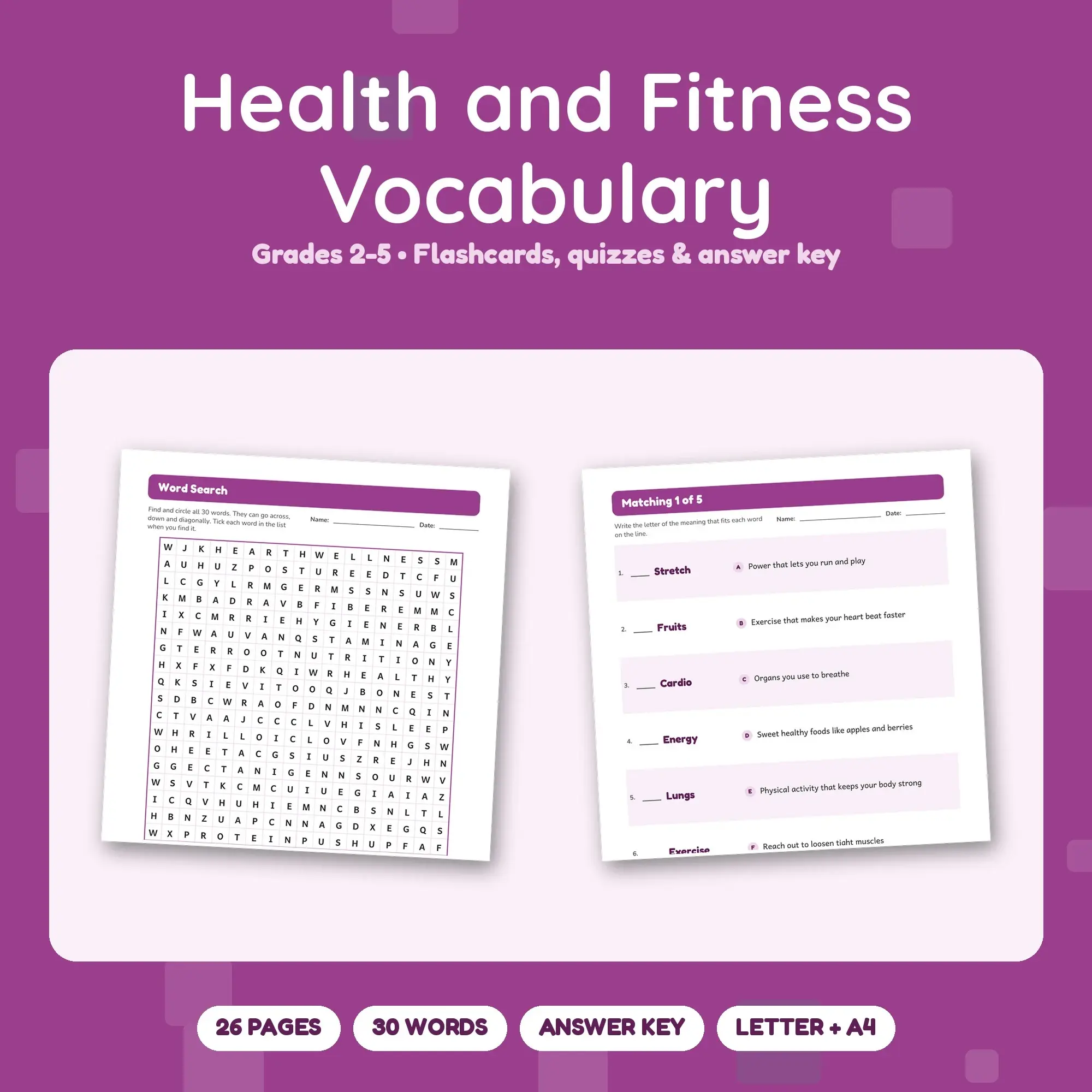 Health and Fitness Vocabulary Practice Pack Grades 2-5 - 26 Printable Pages + Key, preview 1 of 2