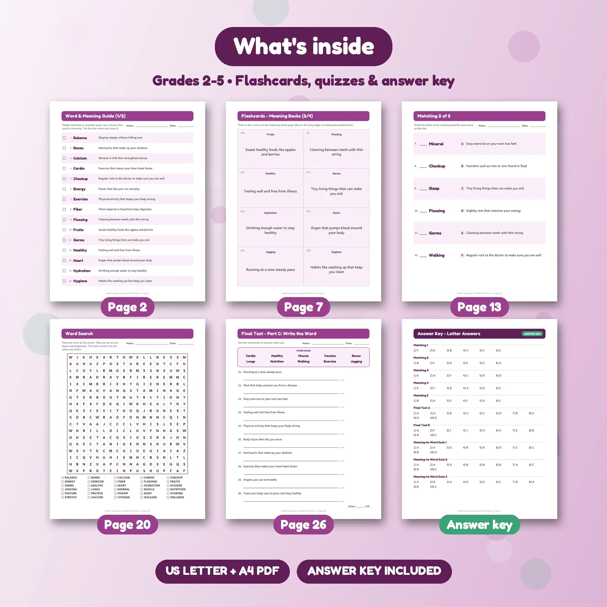 Health and Fitness Vocabulary Practice Pack Grades 2-5 - 26 Printable Pages + Key, preview 2 of 2