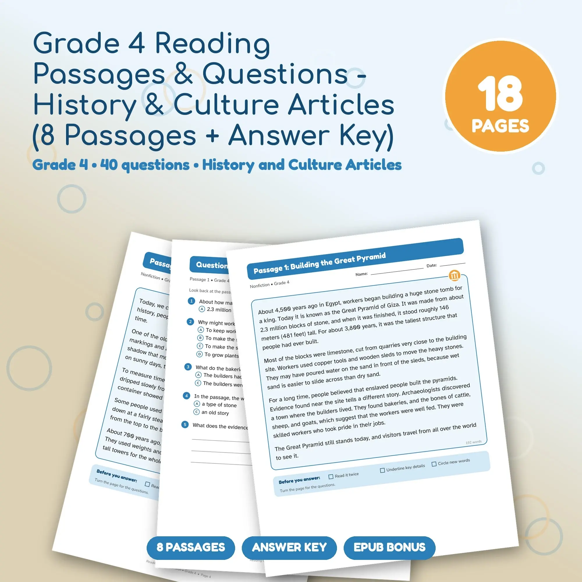 Grade 4 Reading Passages & Questions - History & Culture Articles (8 Passages + Answer Key) preview