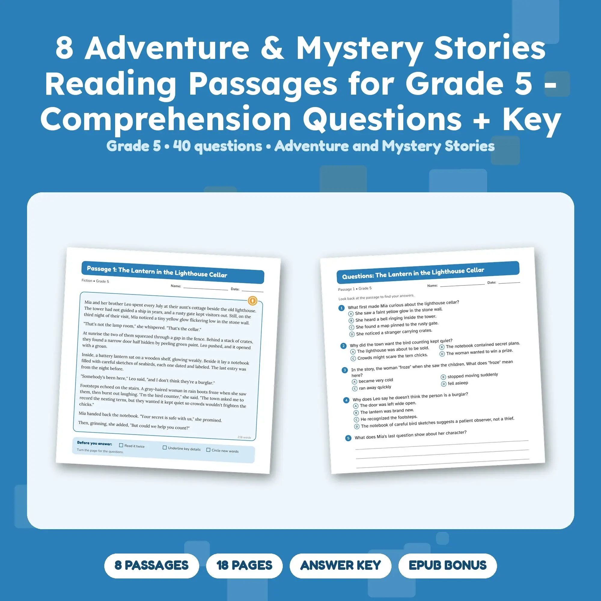 8 Adventure & Mystery Stories Reading Passages for Grade 5 - Comprehension Questions + Key preview