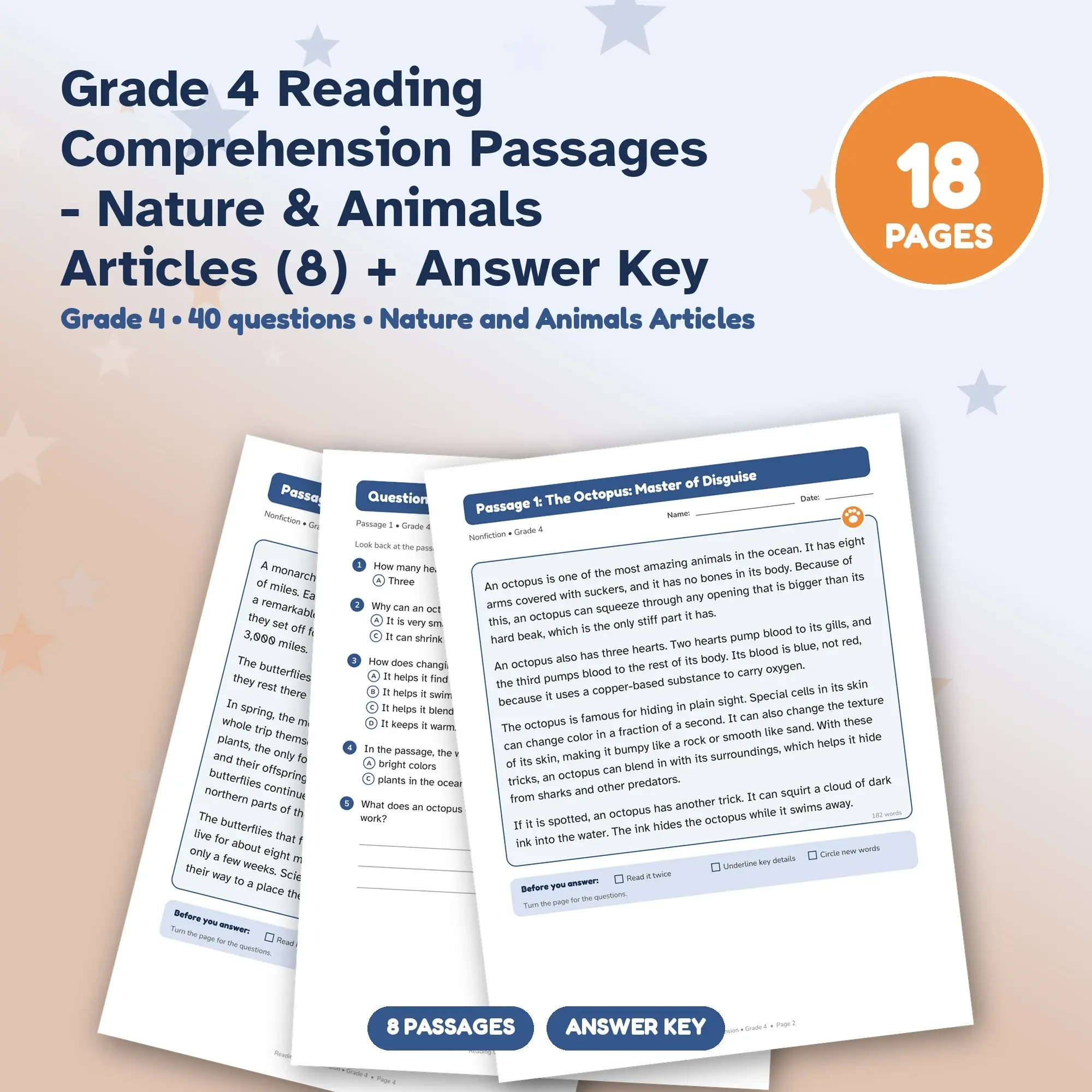 Grade 4 Reading Comprehension Passages - Nature & Animals Articles (8) + Answer Key preview