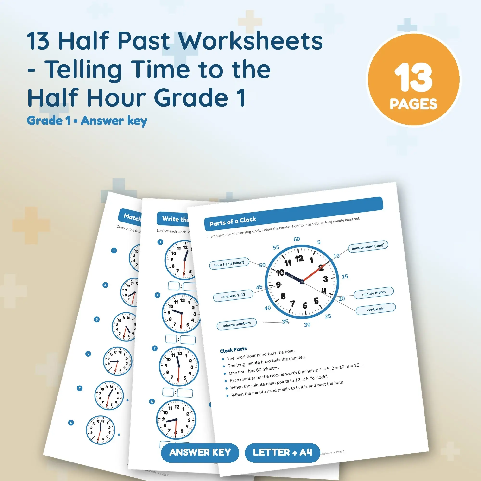 13 Half Past Worksheets - Telling Time to the Half Hour Grade 1 preview