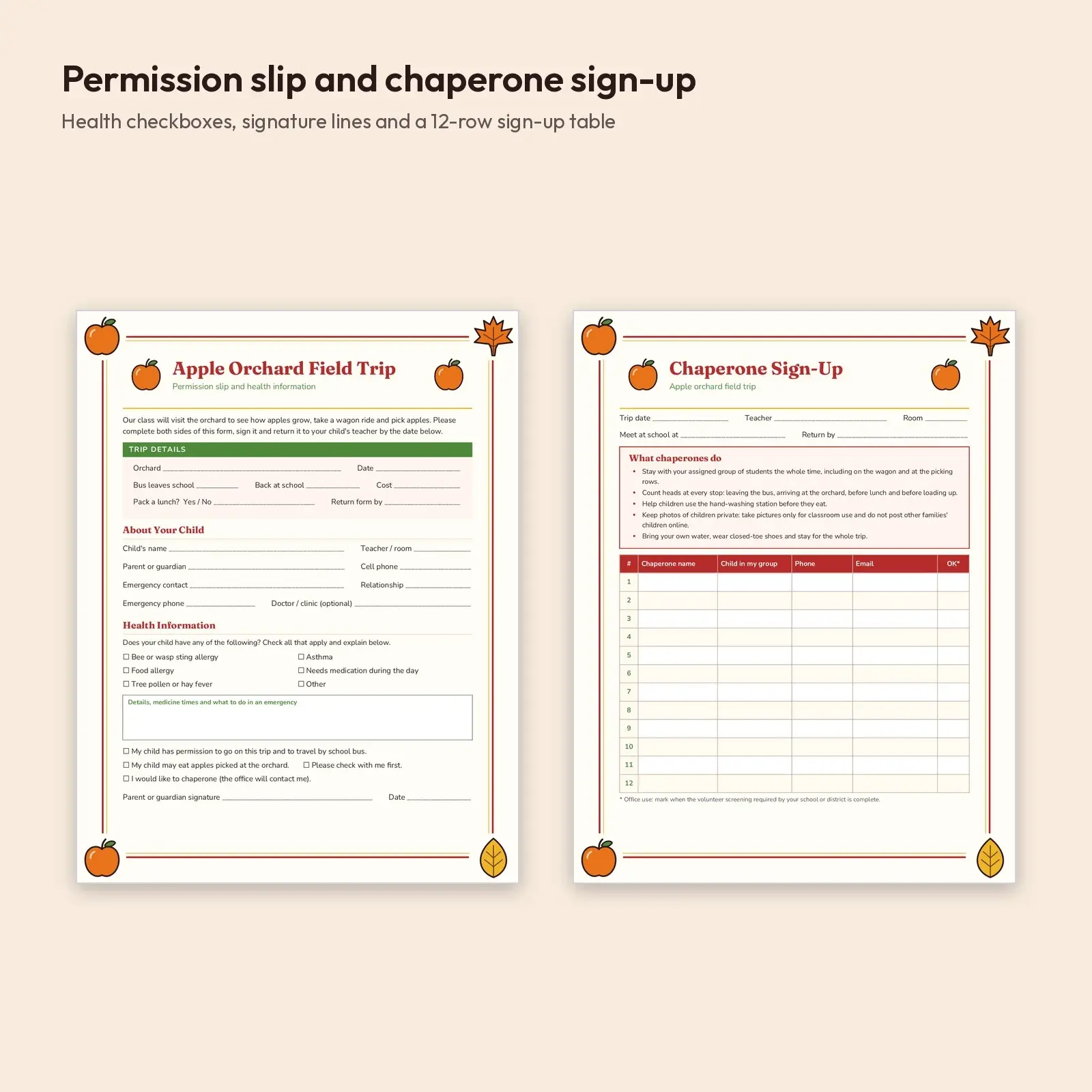 Apple Orchard Field Trip Pack: Permission Slip, Chaperone Sign-Up, Parent Letter and Packing List, preview 2 of 4