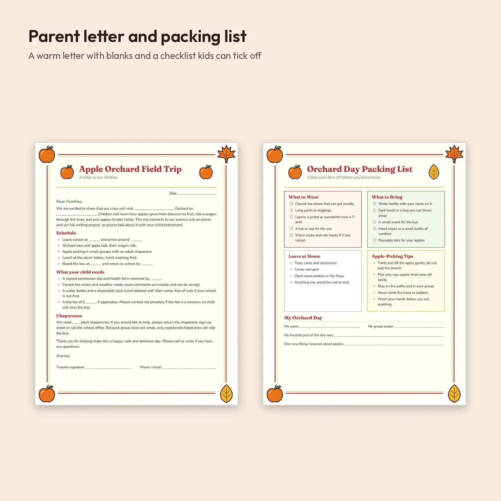 Apple Orchard Field Trip Pack: Permission Slip, Chaperone Sign-Up, Parent Letter and Packing List, preview 3 of 4
