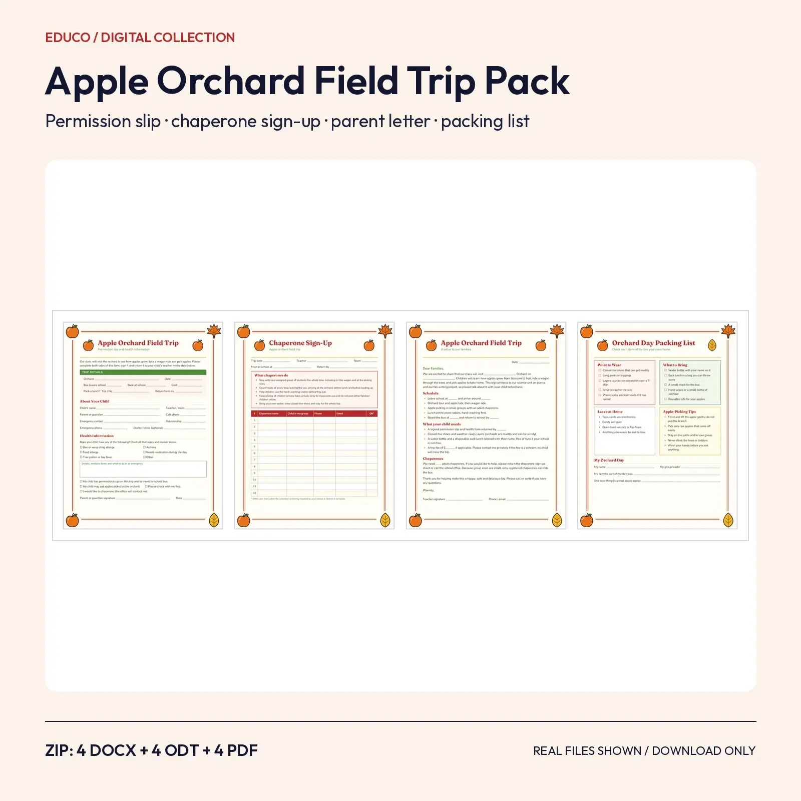 Apple Orchard Field Trip Pack: Permission Slip, Chaperone Sign-Up, Parent Letter and Packing List, preview 1 of 4