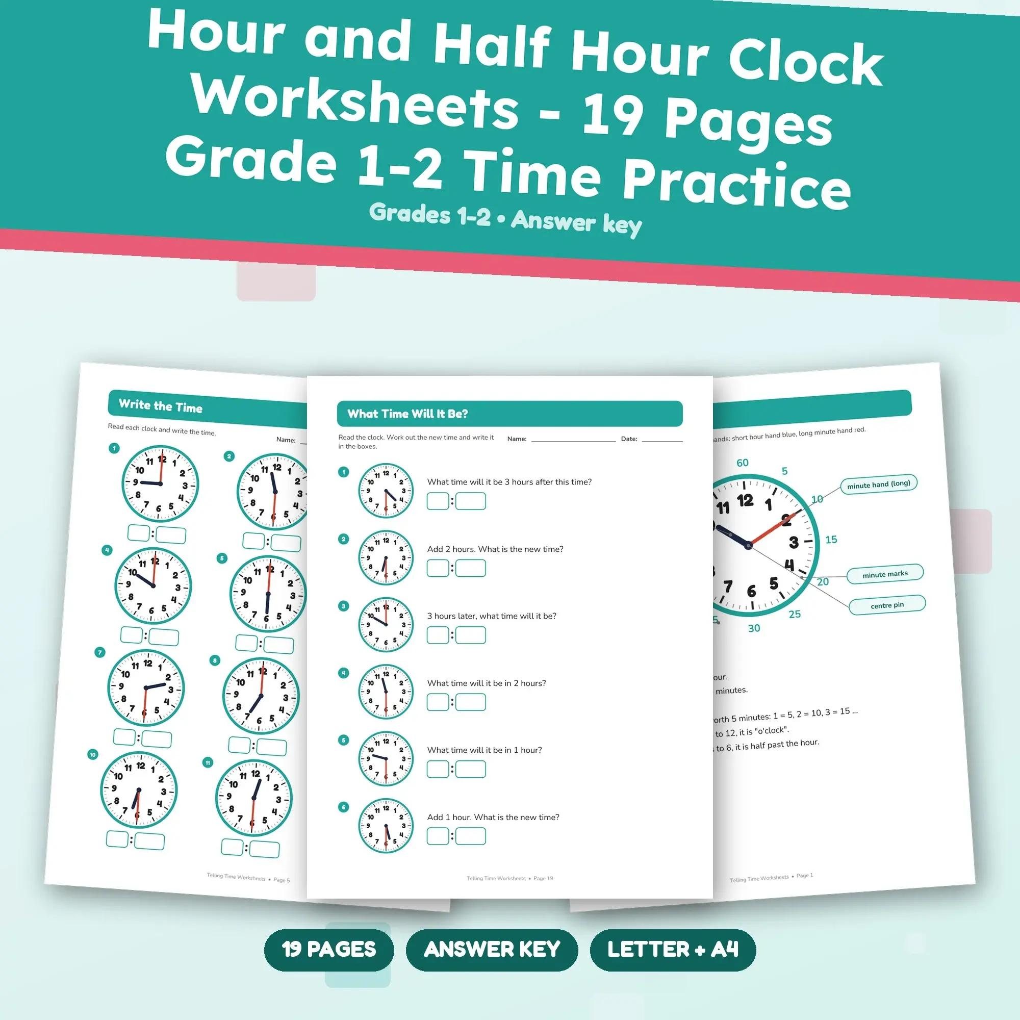 Hour and Half Hour Clock Worksheets - 19 Pages Grade 1-2 Time Practice preview