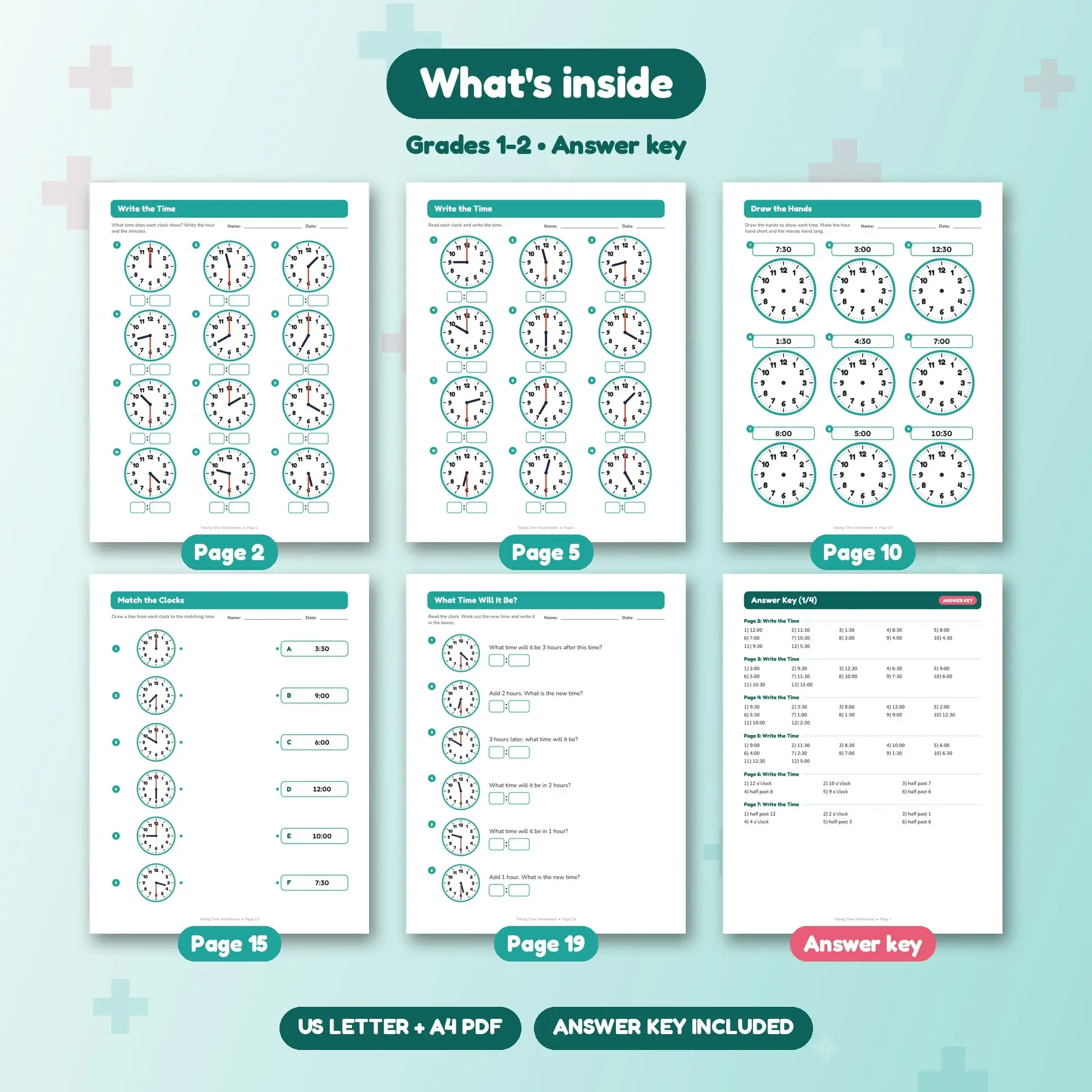 Hour and Half Hour Clock Worksheets - 19 Pages Grade 1-2 Time Practice, preview 2 of 2