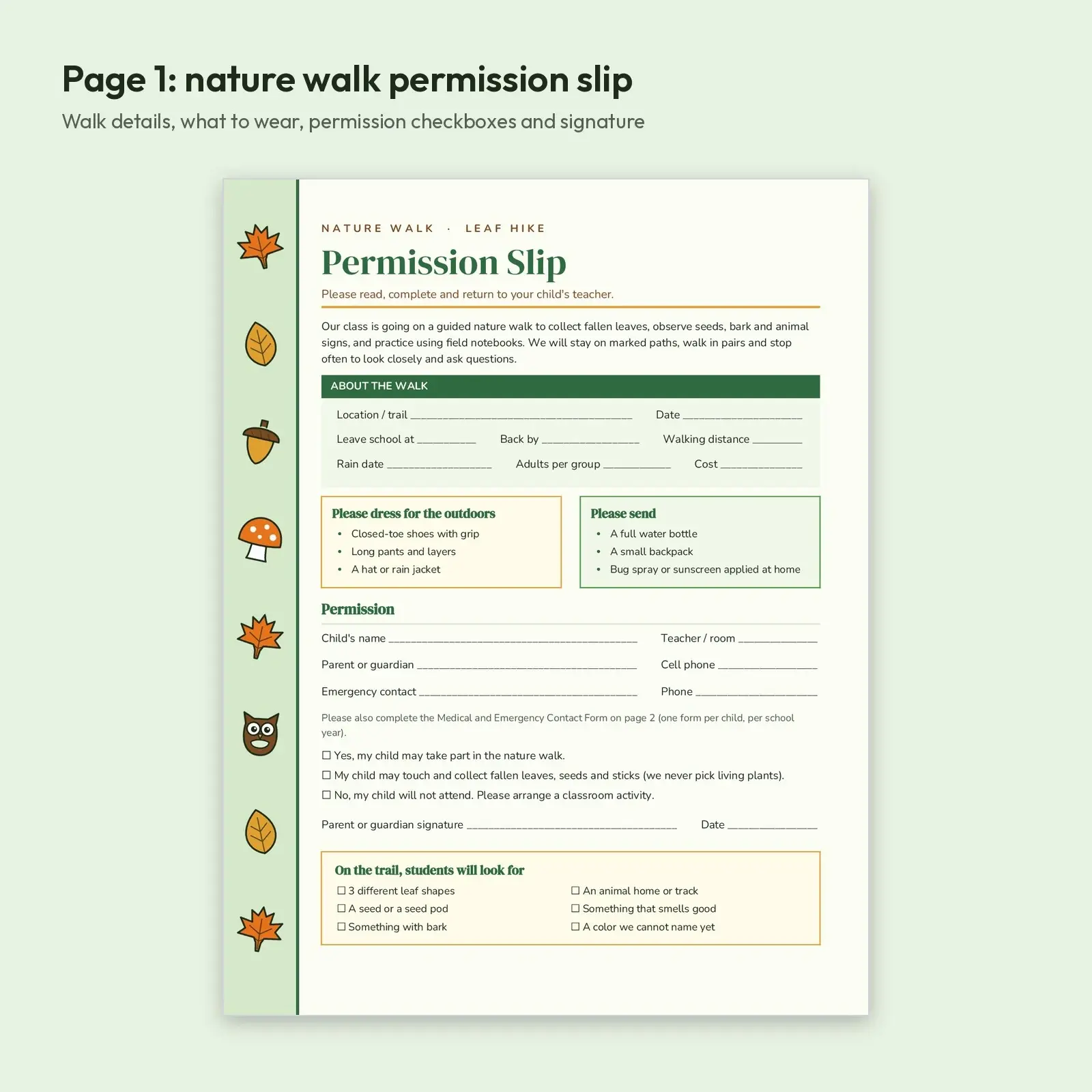Nature Walk and Leaf Hike Permission Slip with Medical and Emergency Contact Form (DOCX, ODT, PDF), preview 2 of 4