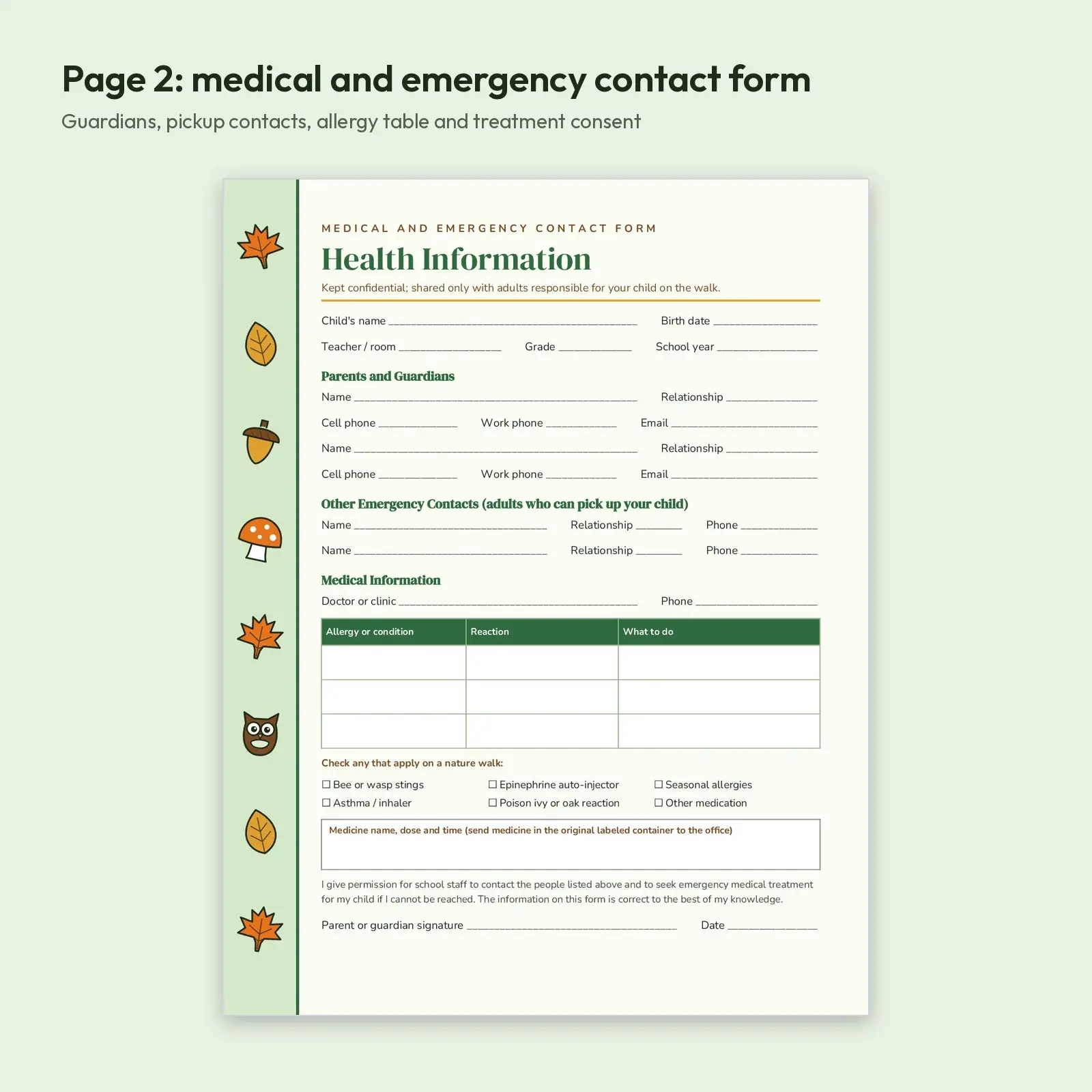 Nature Walk and Leaf Hike Permission Slip with Medical and Emergency Contact Form (DOCX, ODT, PDF), preview 3 of 4